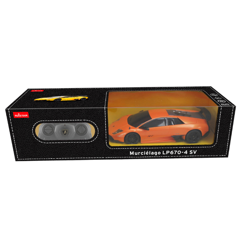Pomarańczowy samochodzik Lamborghini z pilotem w czarnym opakowaniu.