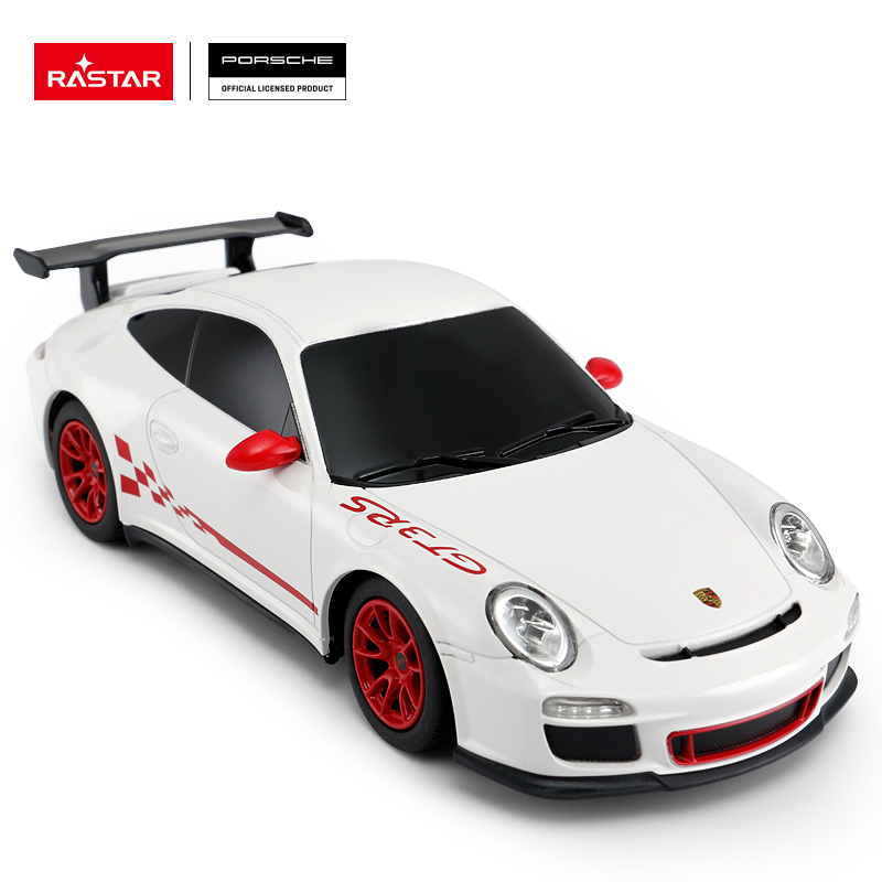 Biały samochód zabawka Porsche GT3 RS z czerwonymi kołami, spoilerem i paskami.