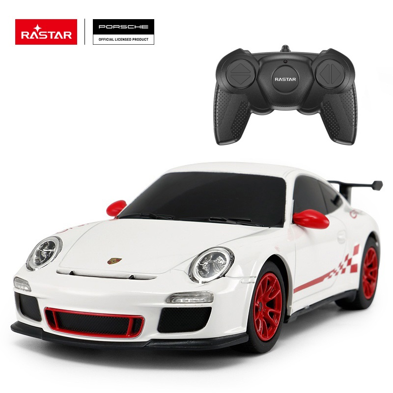 Biały samochód Porsche na pilota z czerwonymi akcentami i kontrolerem.