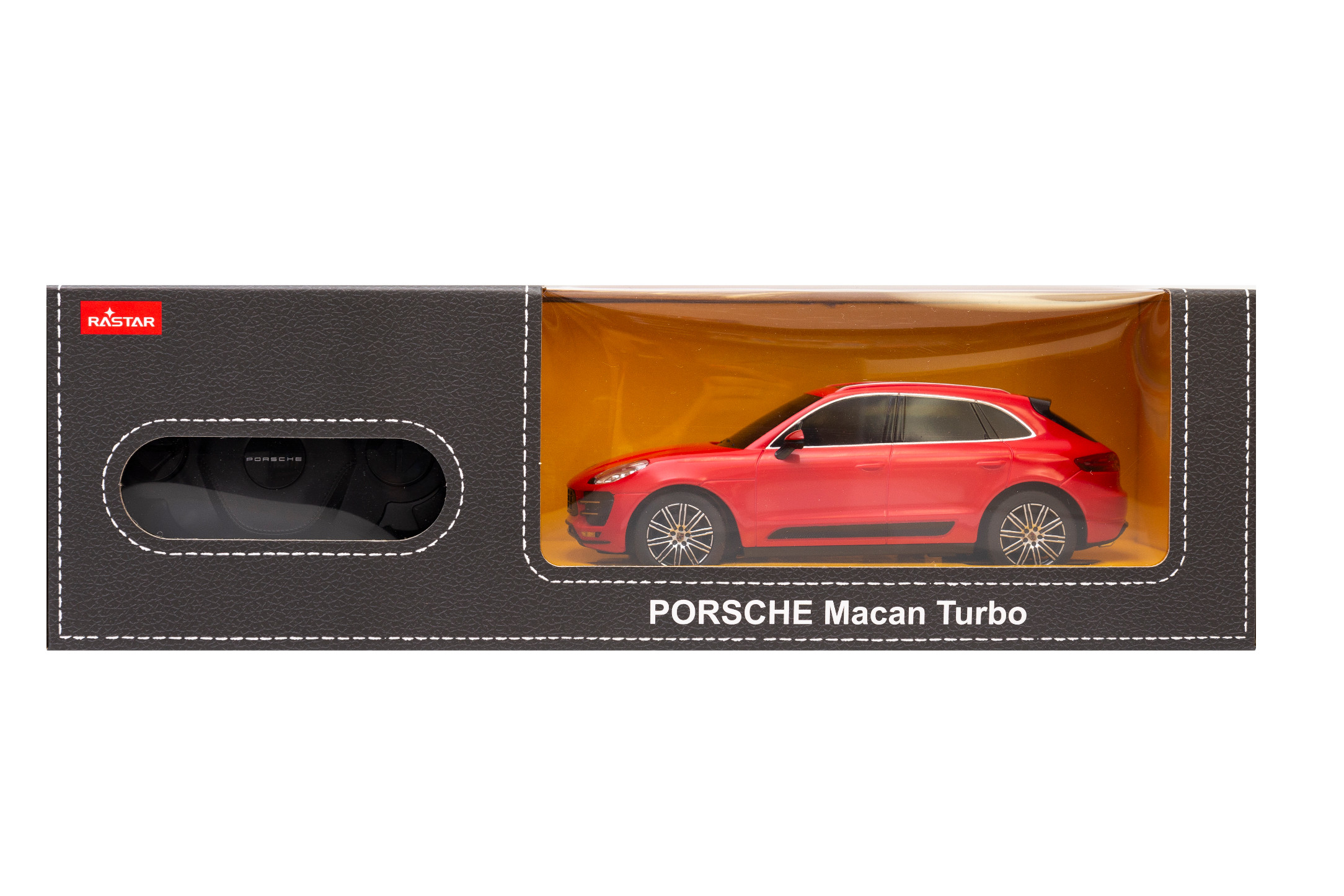 Czerwony samochód zabawka Porsche Macan Turbo w czarnym opakowaniu.