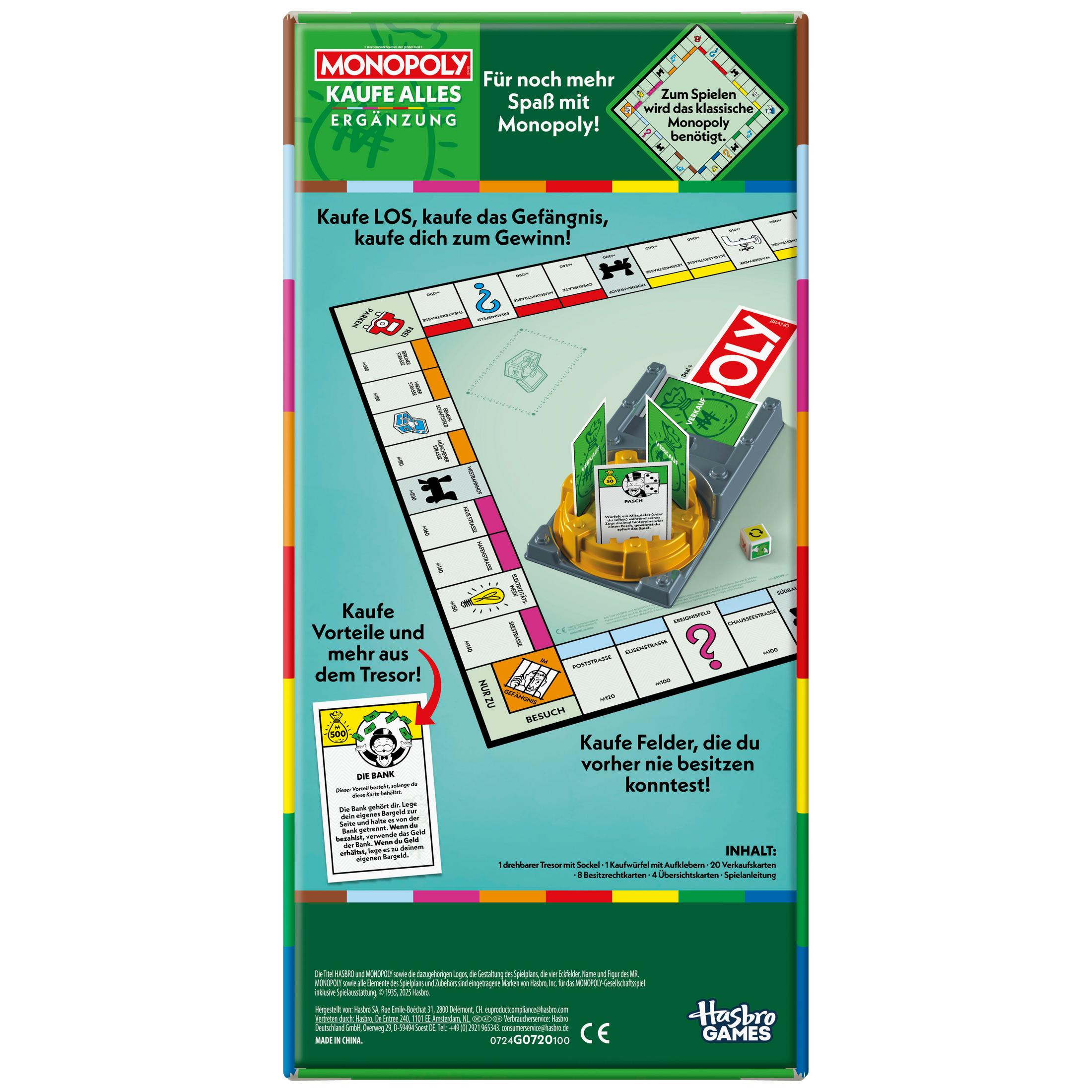 Monopoly Kaufe Alles Erweiterung: Spielbrett, Würfel, Karten, Tresor und Anleitung.