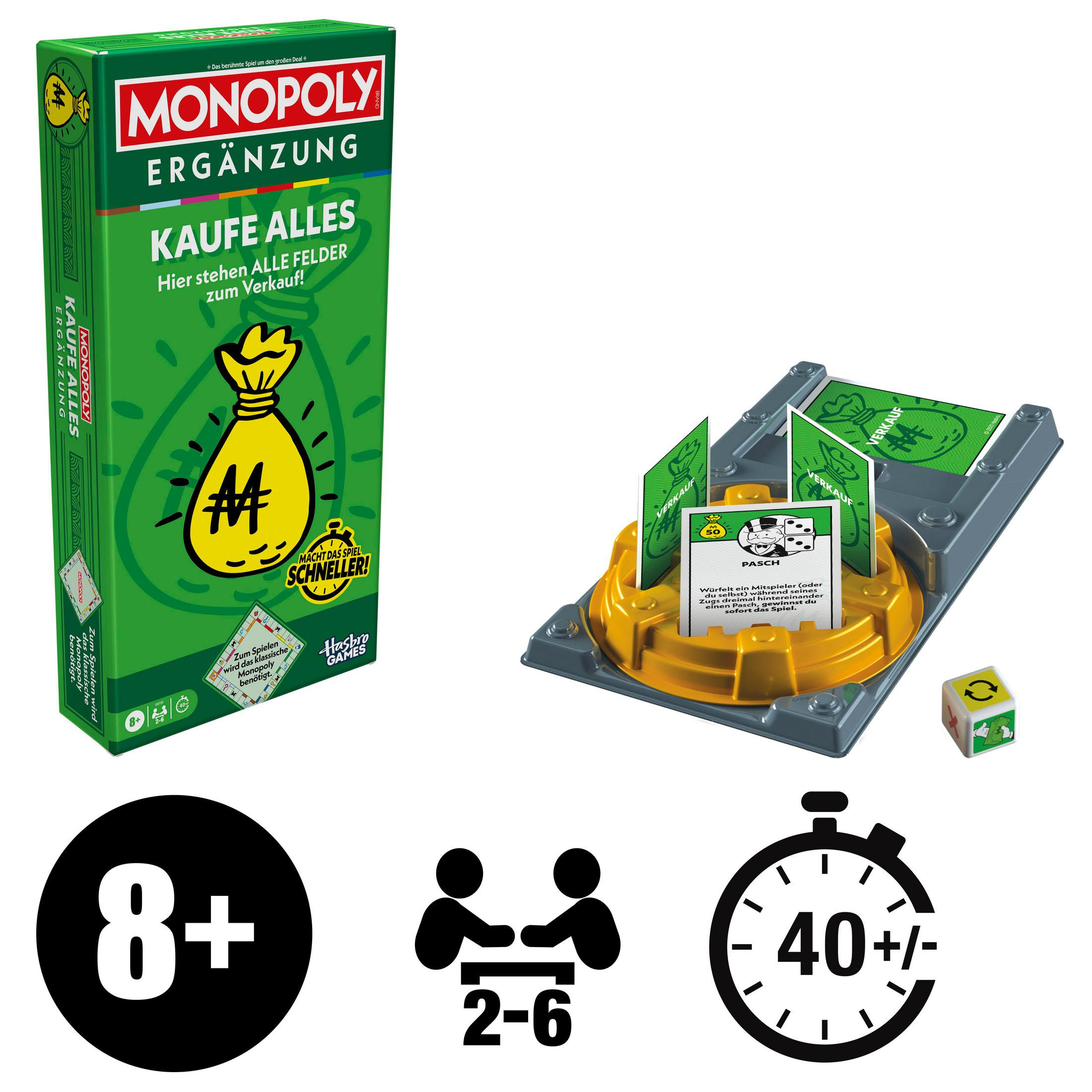 Monopoly Kaufe Alles Ergänzung mit Spielbrett, Karten, Würfel und Altershinweisen.