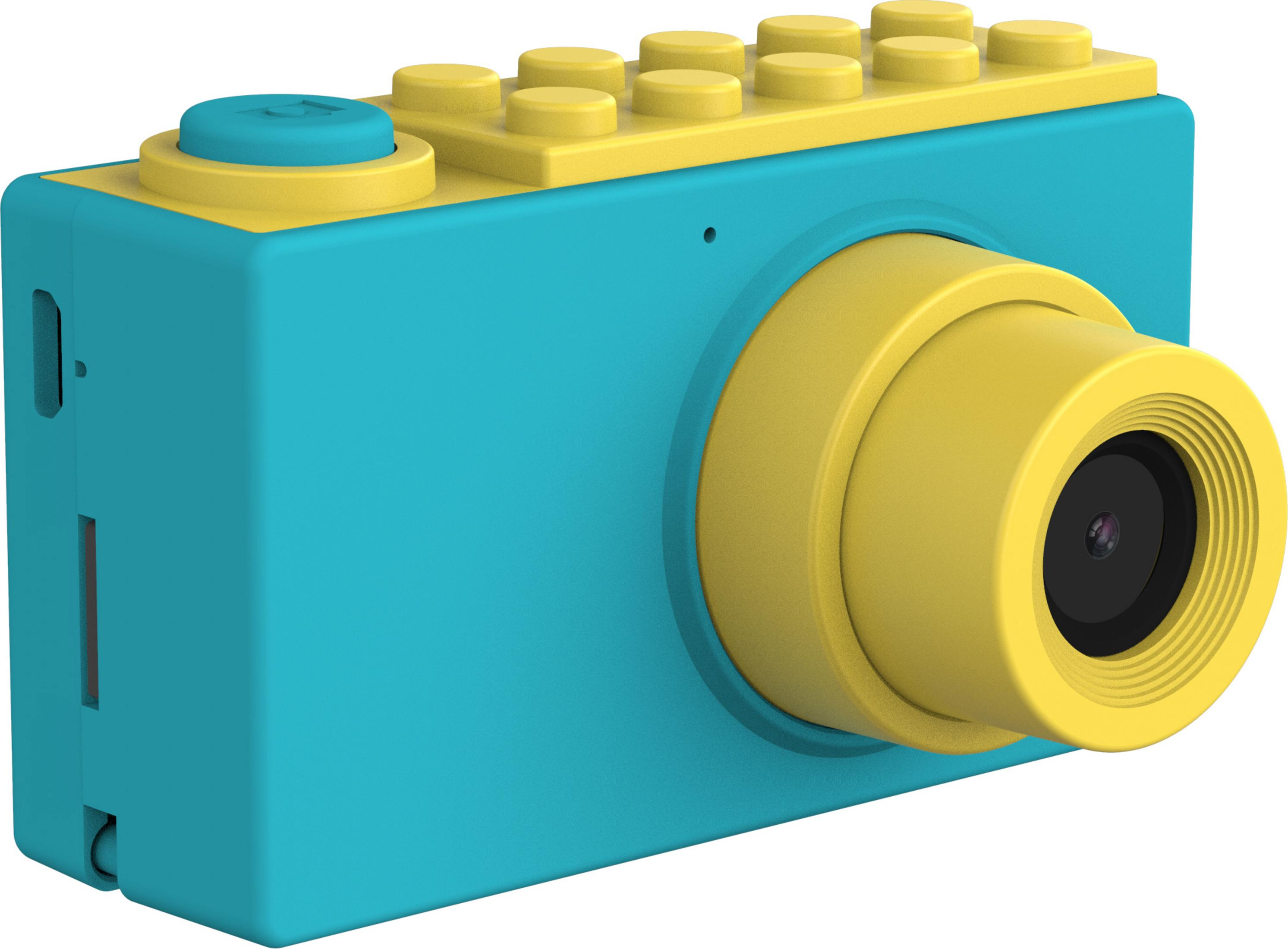 Una fotocamera blu con obiettivo e pulsanti gialli in cima.