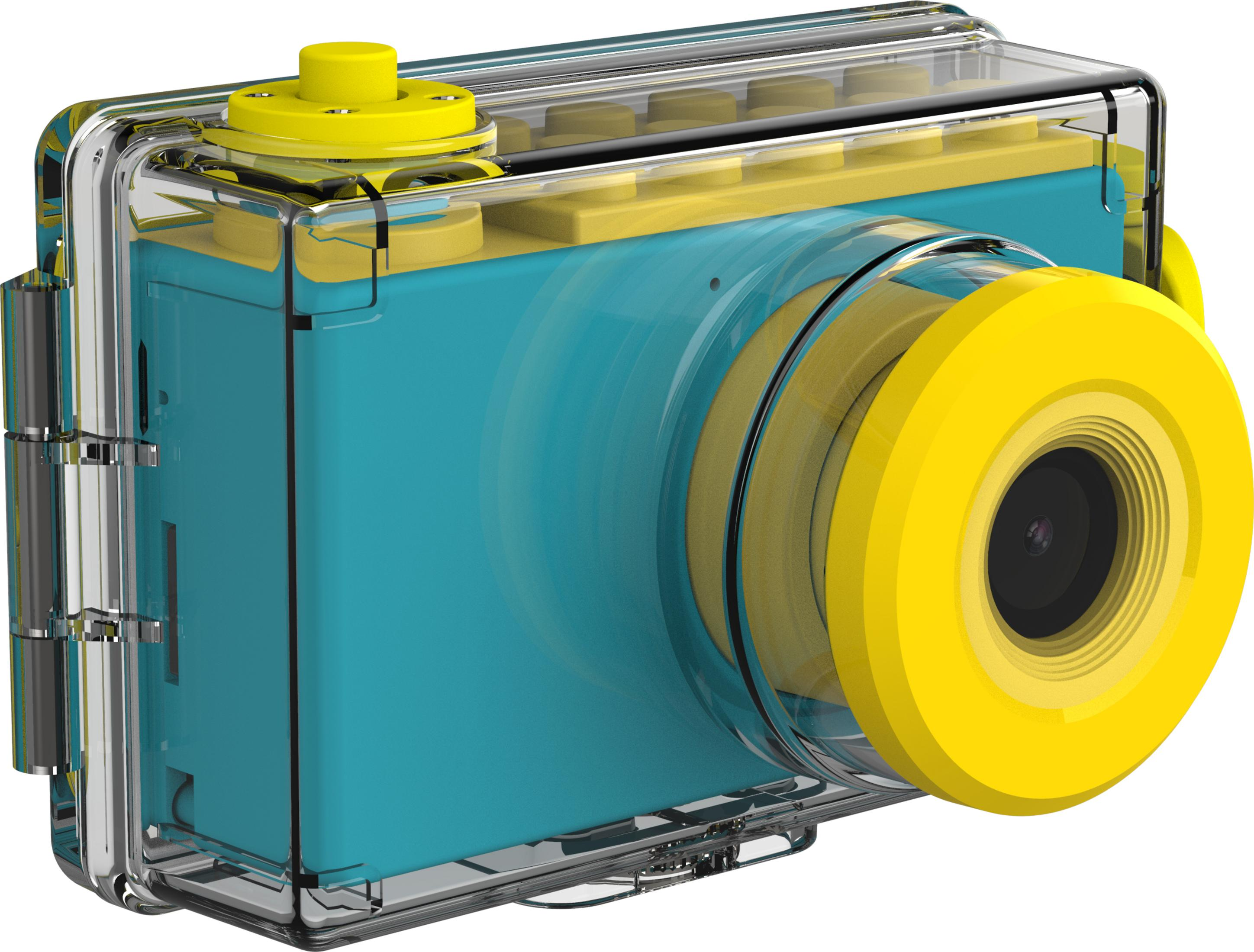 Una fotocamera turchese con anello obiettivo giallo in custodia trasparente.
