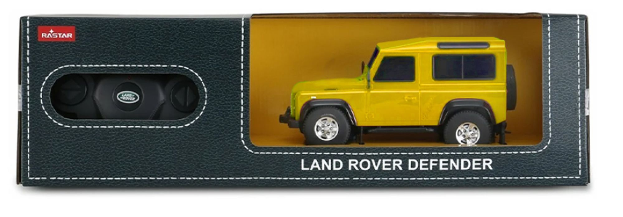 Żółty Land Rover Defender zabawkowy samochód w czarnym opakowaniu z pilotem.