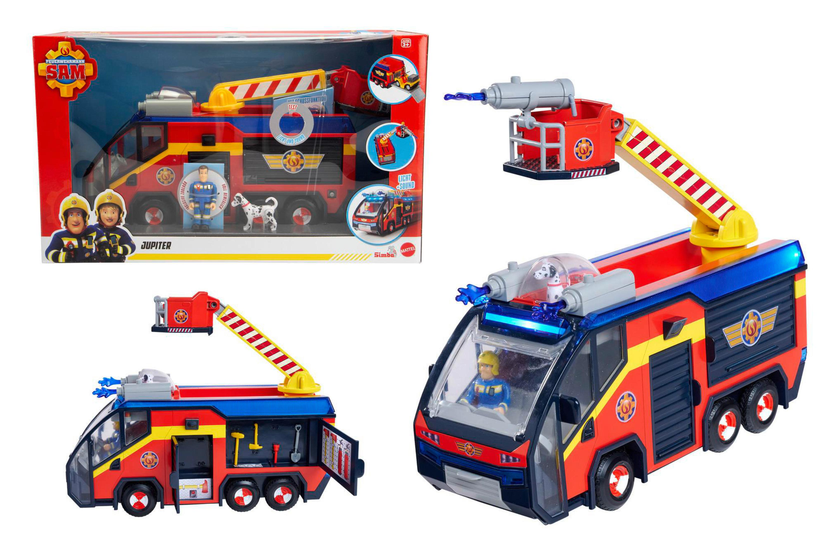 Ein Spielzeug-Feuerwehrauto von Feuerwehrmann Sam mit Zubehör und Figuren.
