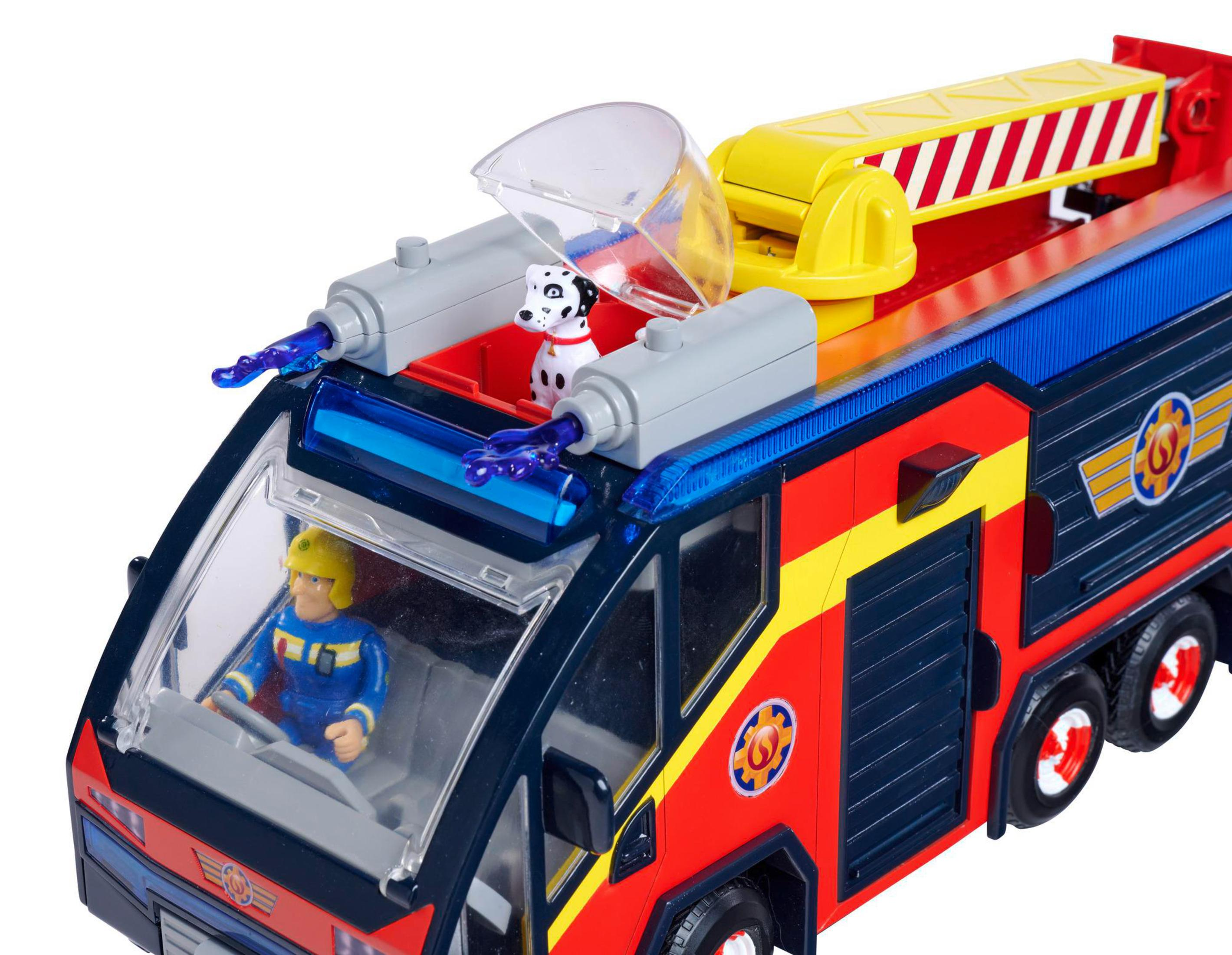 Spielzeug-Feuerwehrauto mit Figuren eines Feuerwehrmanns und eines dalmatinischen Hundes.