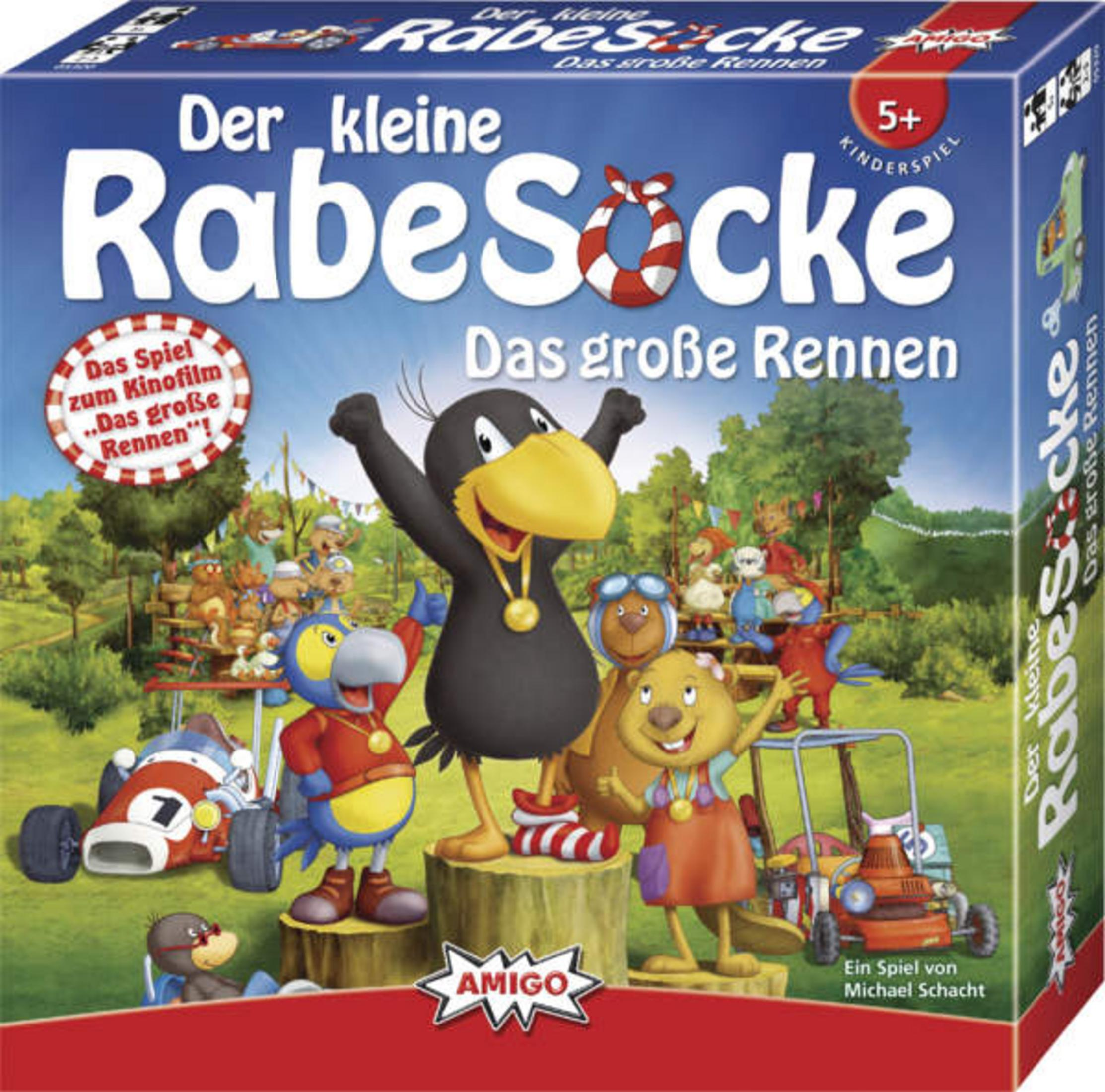 Spielbrett mit einer Krähe und Tierfiguren in Rennwagen und Rasenmäher.