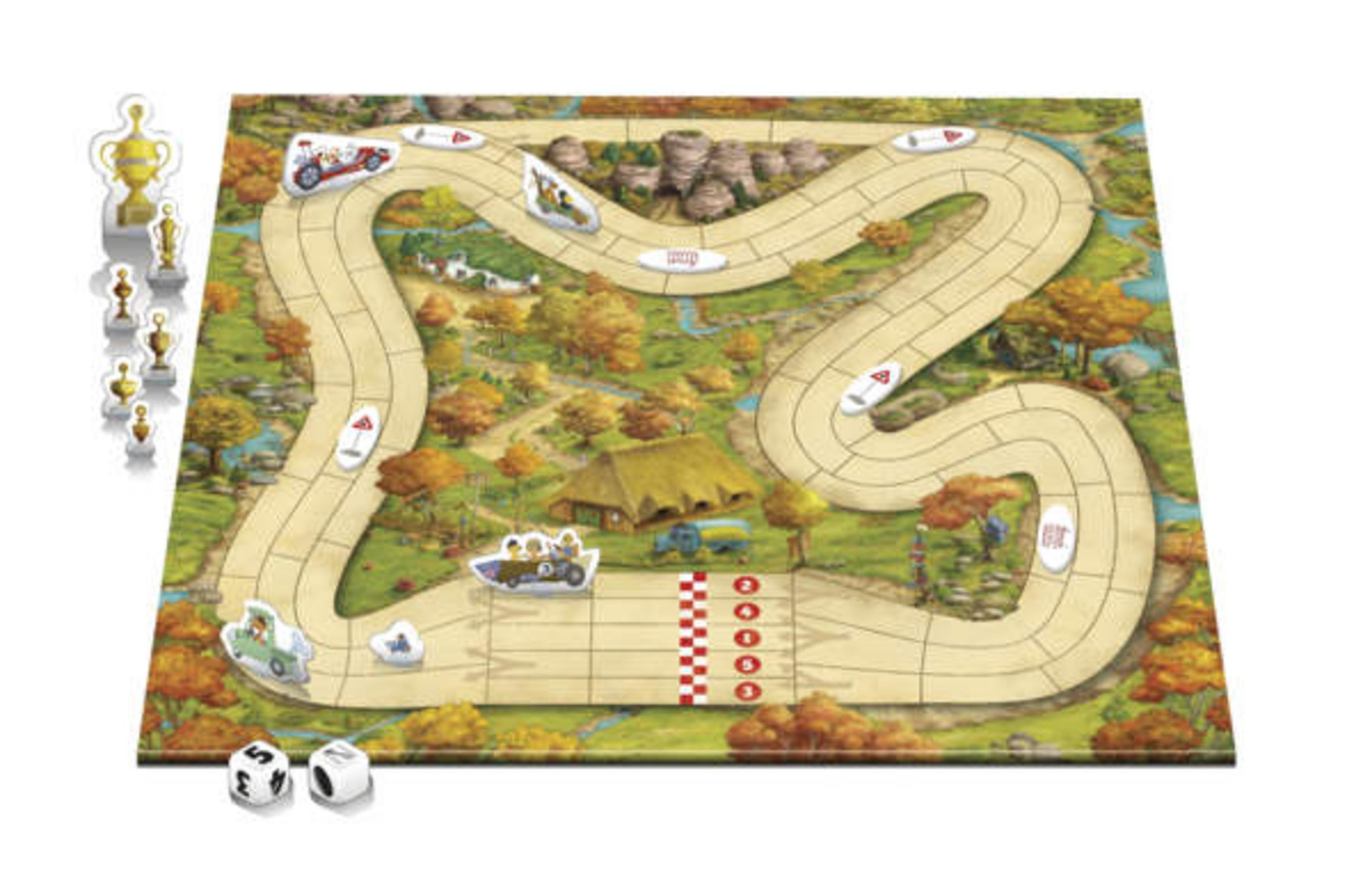 Ein Brettspiel mit einer Rennstrecke, Autos, Würfeln und Pokalen.