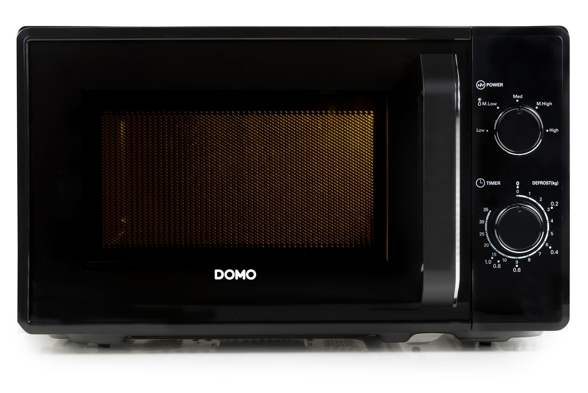 Microondas negro con temporizador y selección de potencia. El logo DOMO es visible.