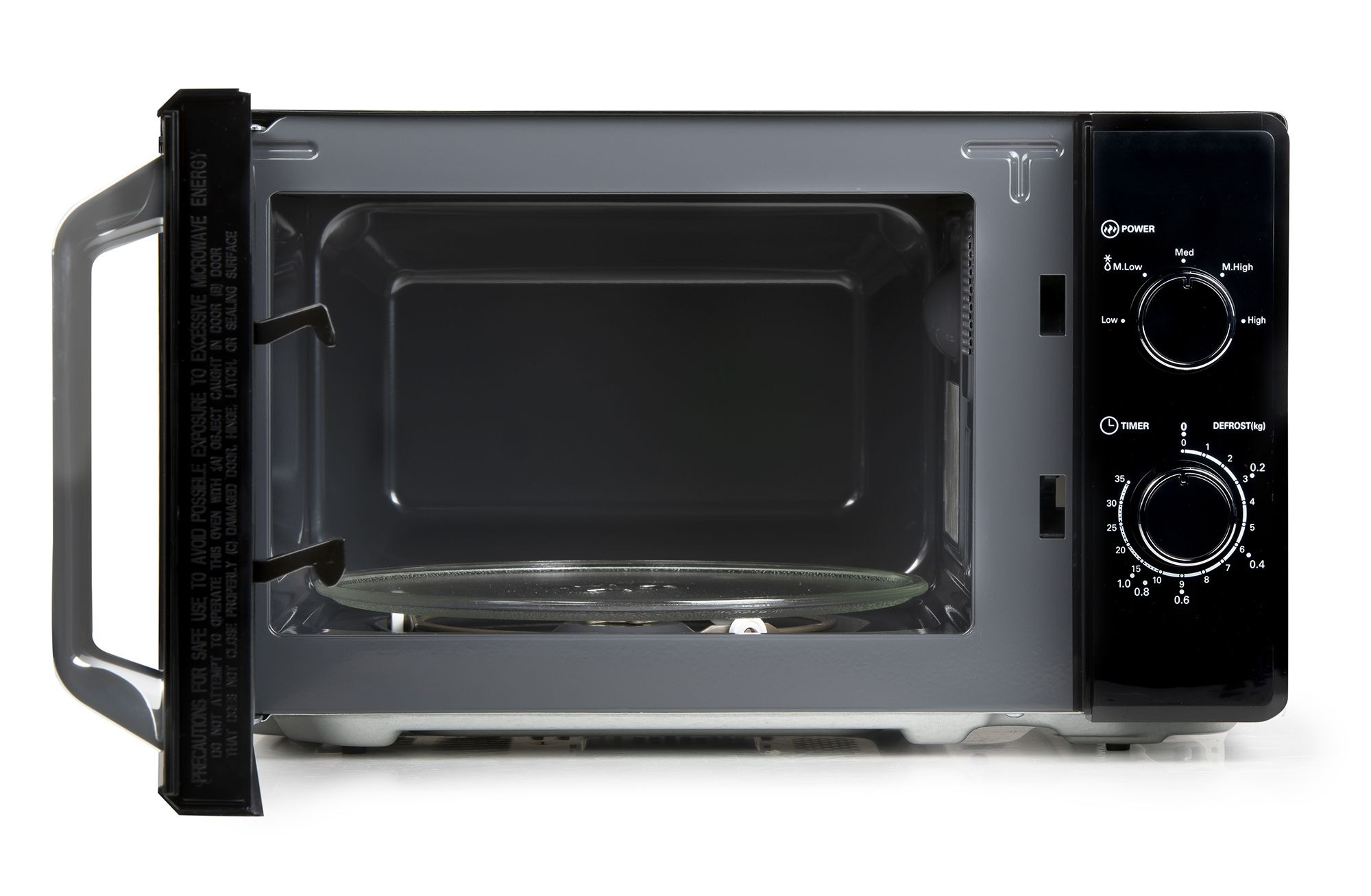 Un microondas gris abierto con panel de control negro y plato giratorio de vidrio.