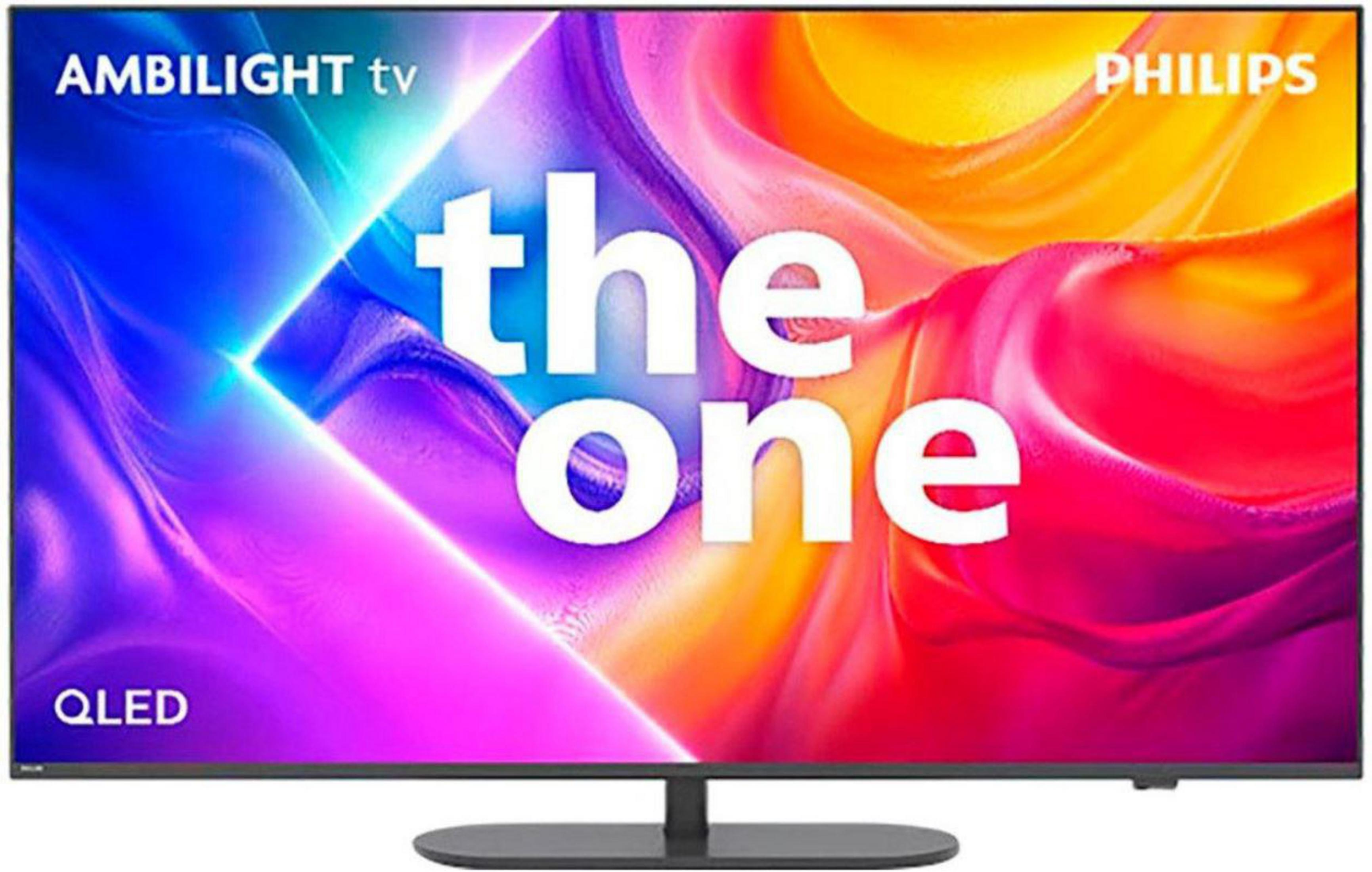 Un televisor Philips Ambilight QLED que muestra las palabras "the one".