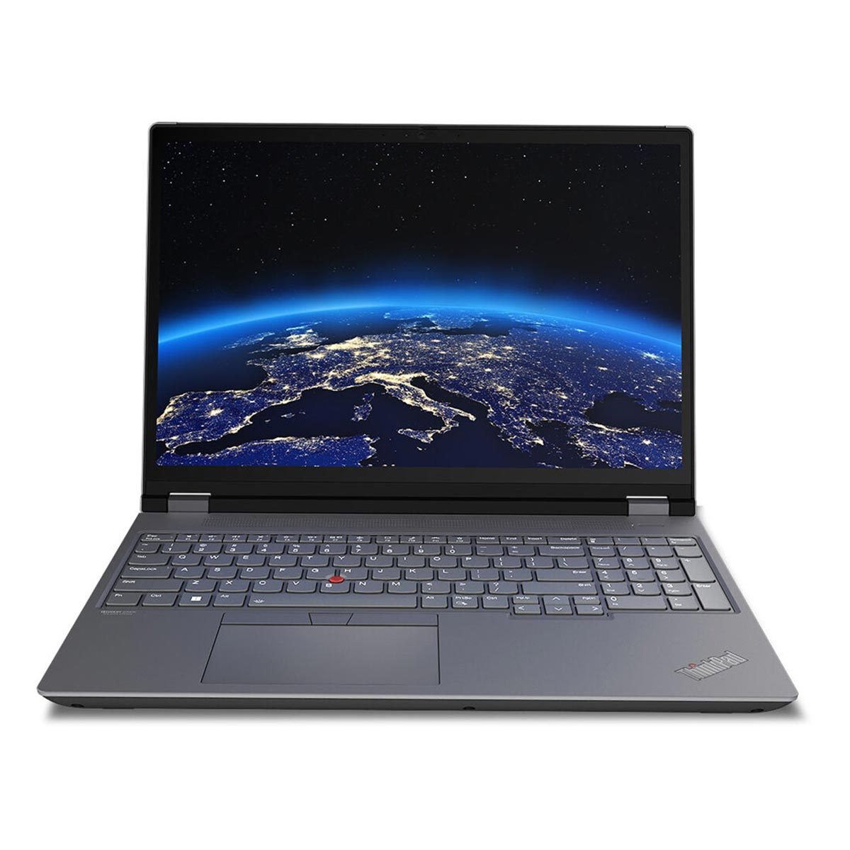 Ein graues ThinkPad-Laptop mit geöffnetem Bildschirm, der die Erde bei Nacht zeigt.