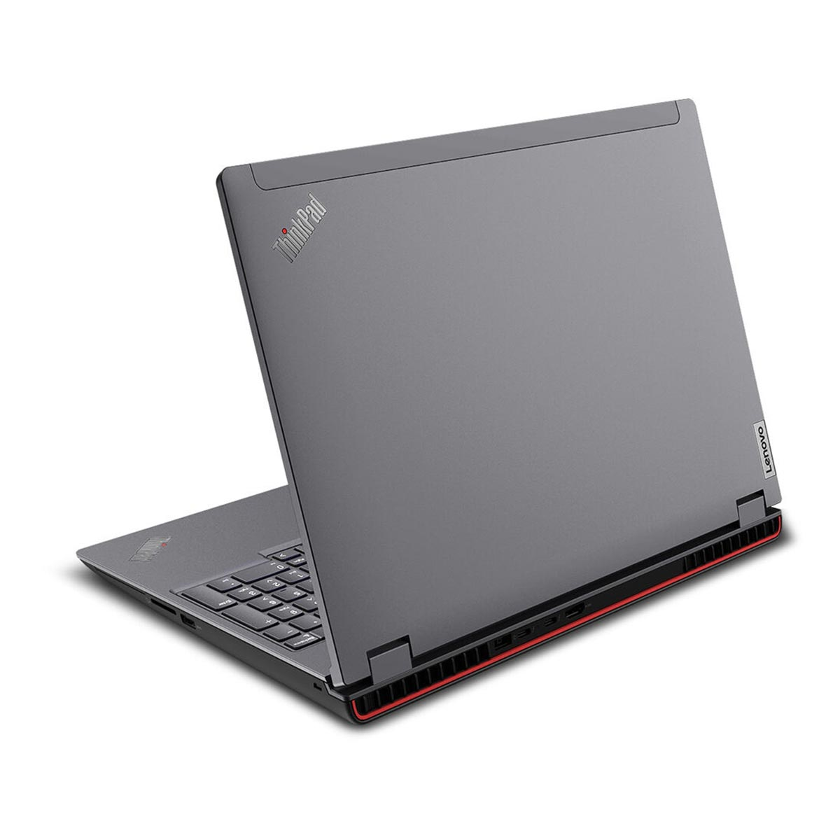 Grauer Lenovo ThinkPad Laptop mit Tastatur und rotem Akzent.