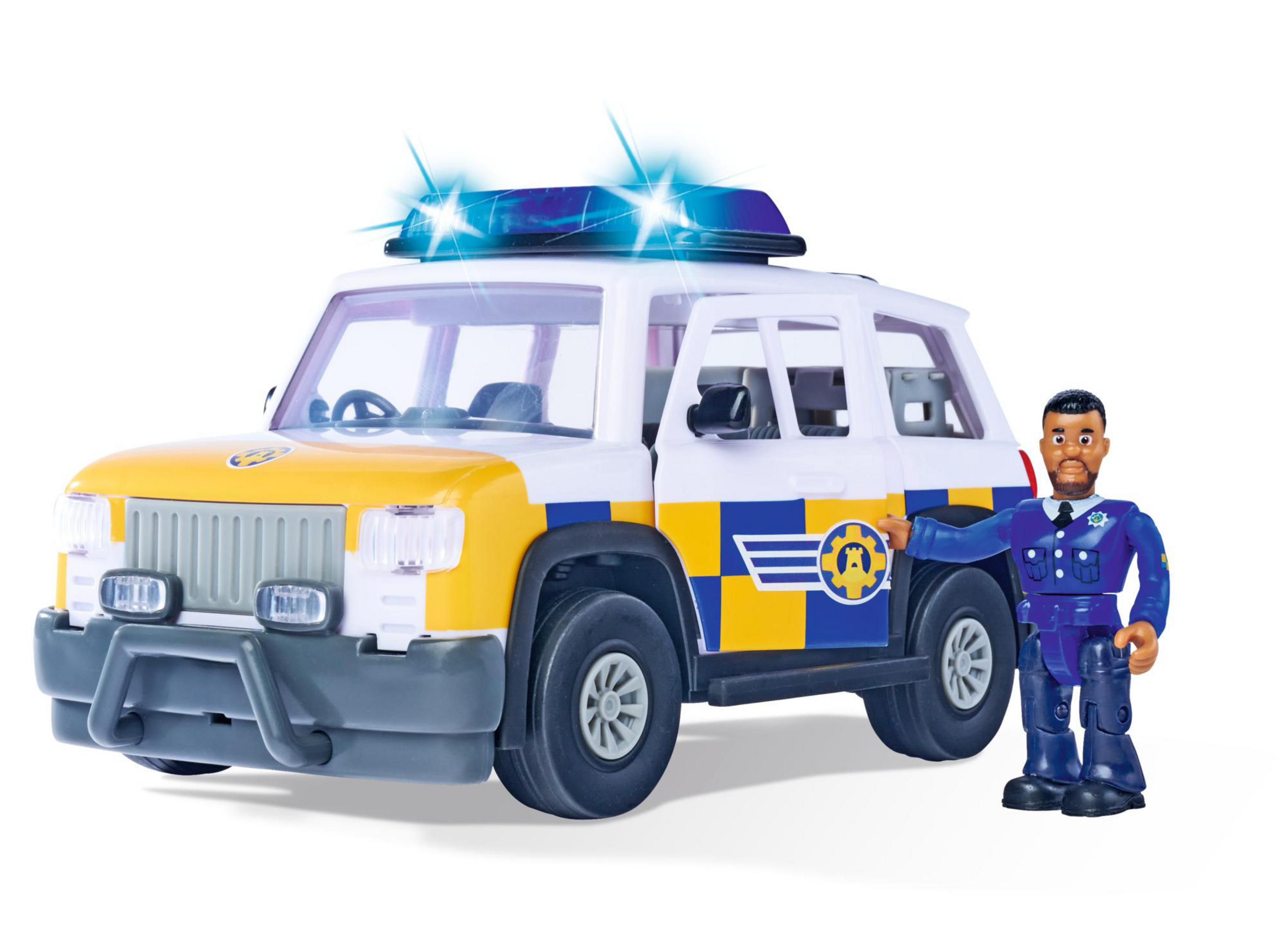 Coche de policía de juguete con luces azules intermitentes y figura de policía.