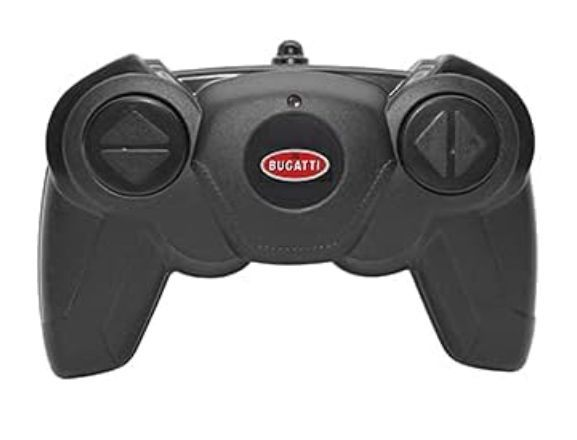 Czarny uchwyt pilota Bugatti z dwoma joystickami i czerwonym logo Bugatti.