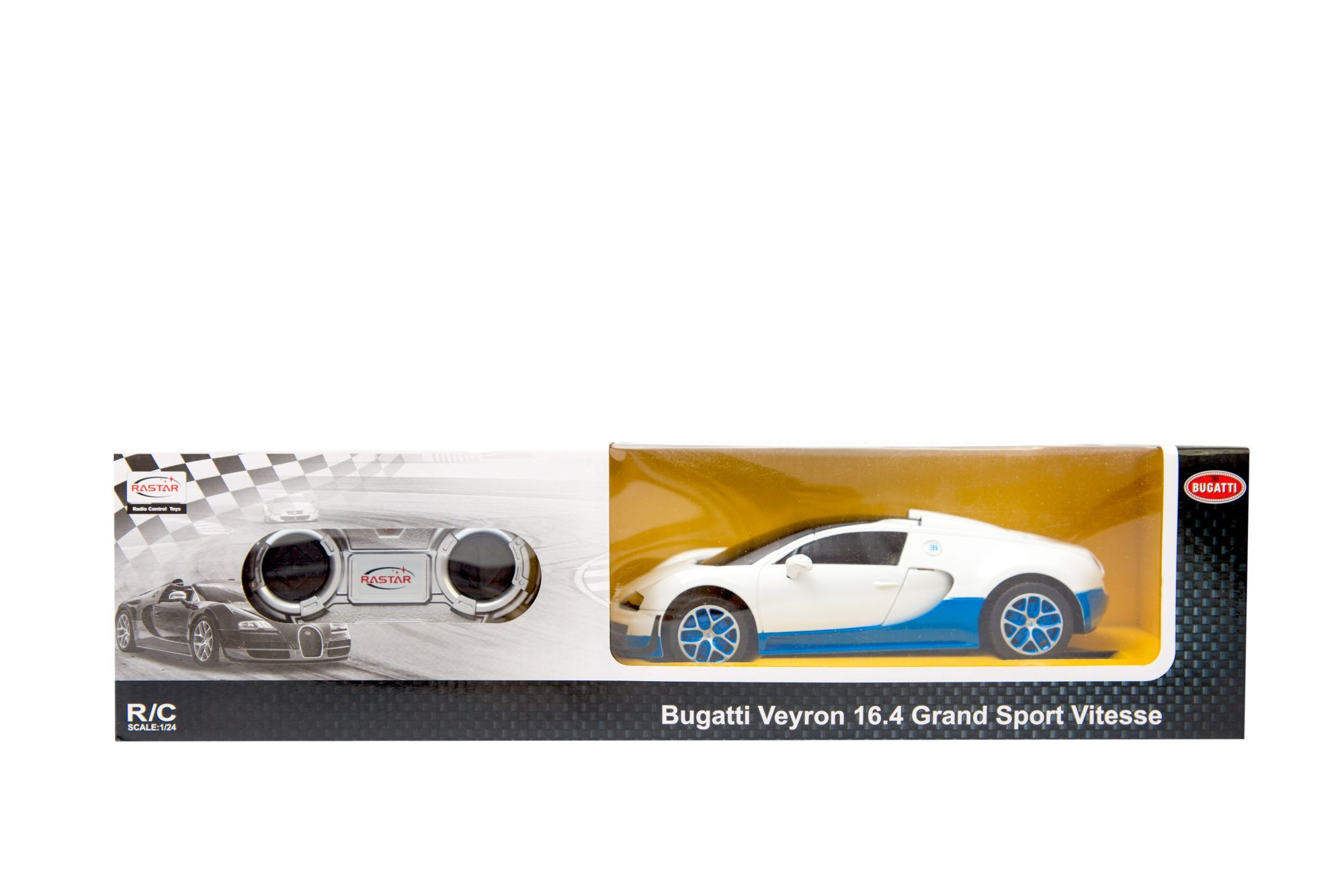 Biało-niebieski samochód zabawkowa Bugatti Veyron w opakowaniu. Widoczne logo Rastar.