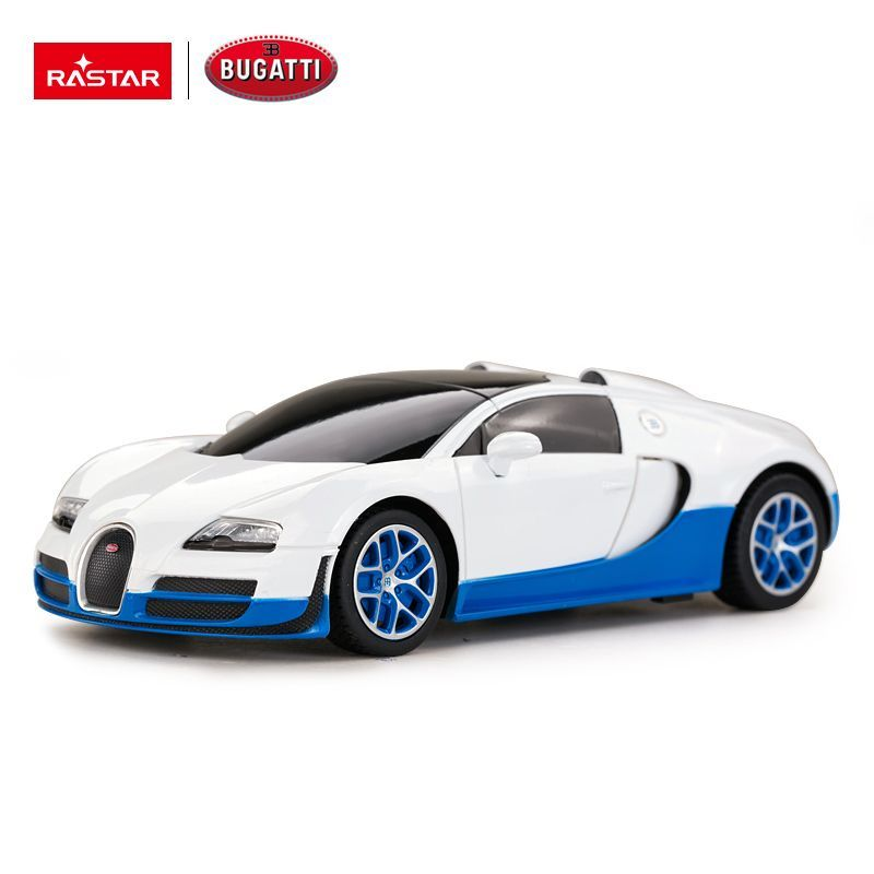 Biały i niebieski samochodzik Bugatti z czarnymi oknami na białym tle.