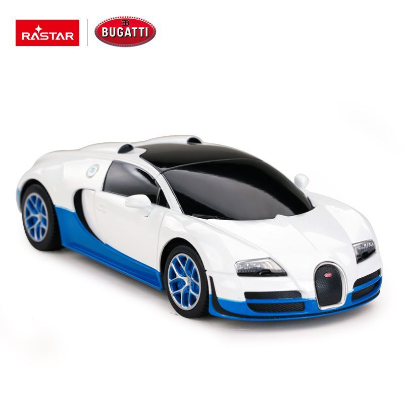 Biały samochodzik Bugatti z niebieskimi akcentami i czarnymi oknami.