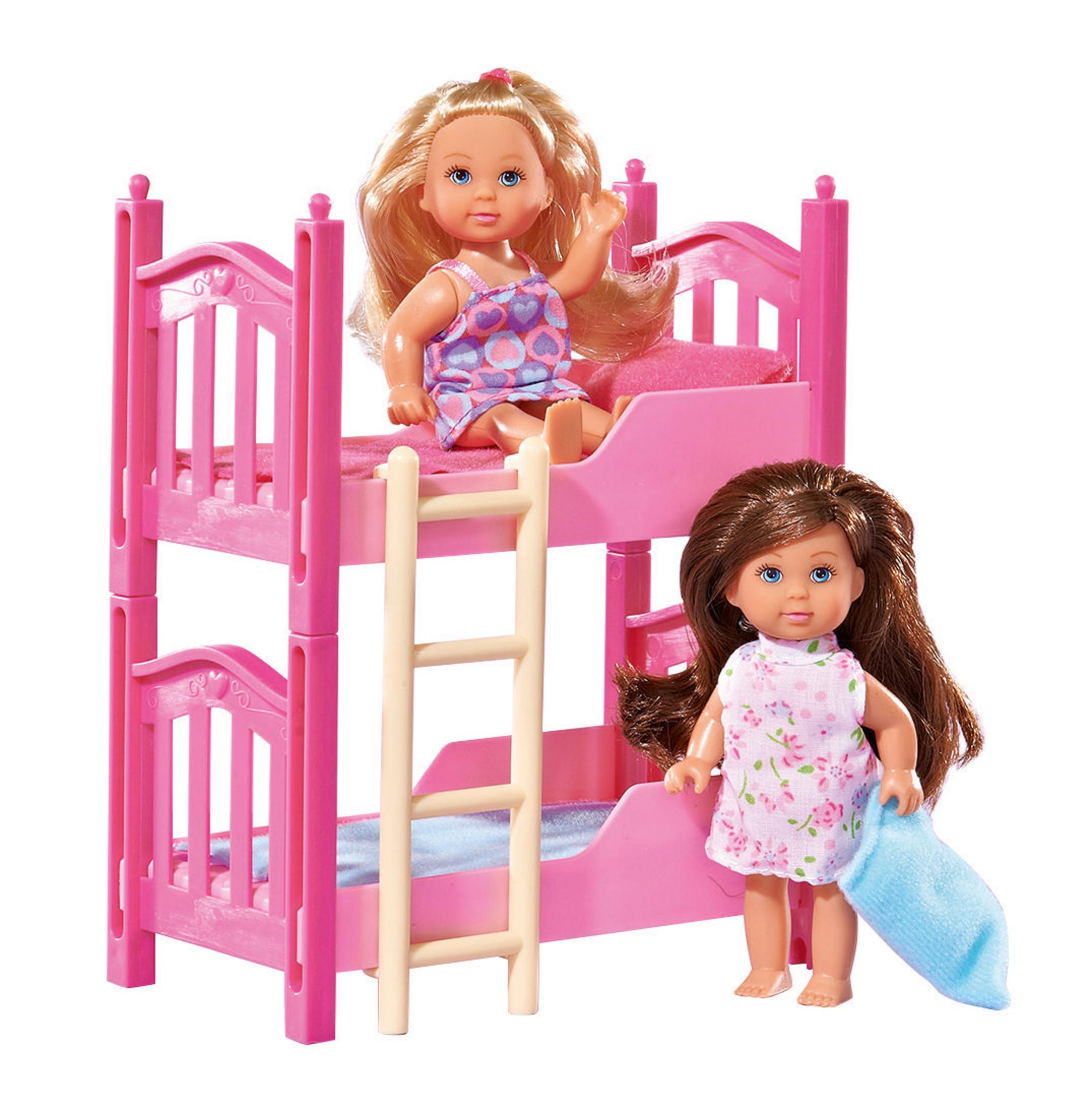 Zwei Puppen spielen mit einem pinken Etagenbett. Eine winkt, die andere hält eine blaue Decke.