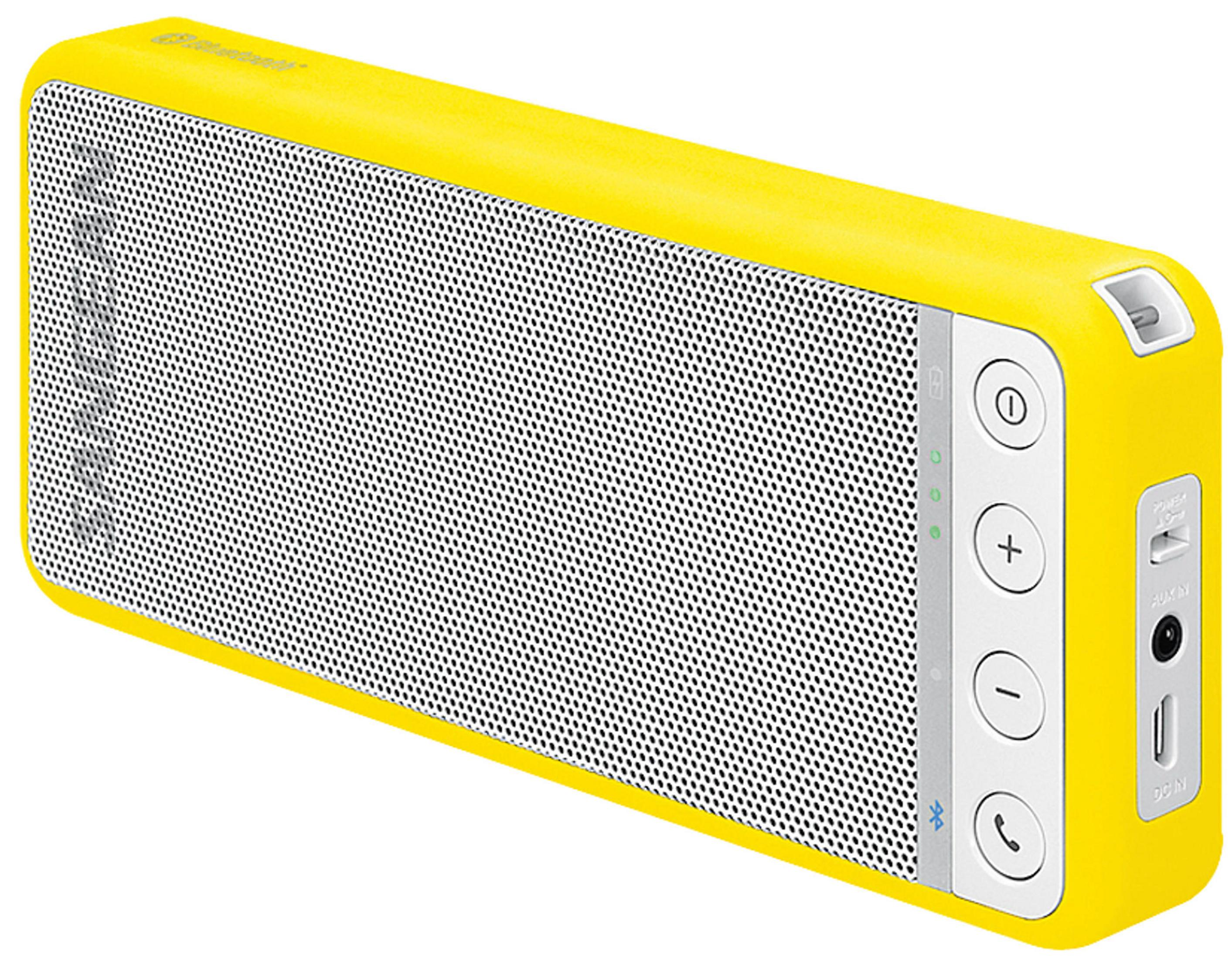 Un altoparlante Bluetooth giallo con griglia bianca e controlli sul lato.