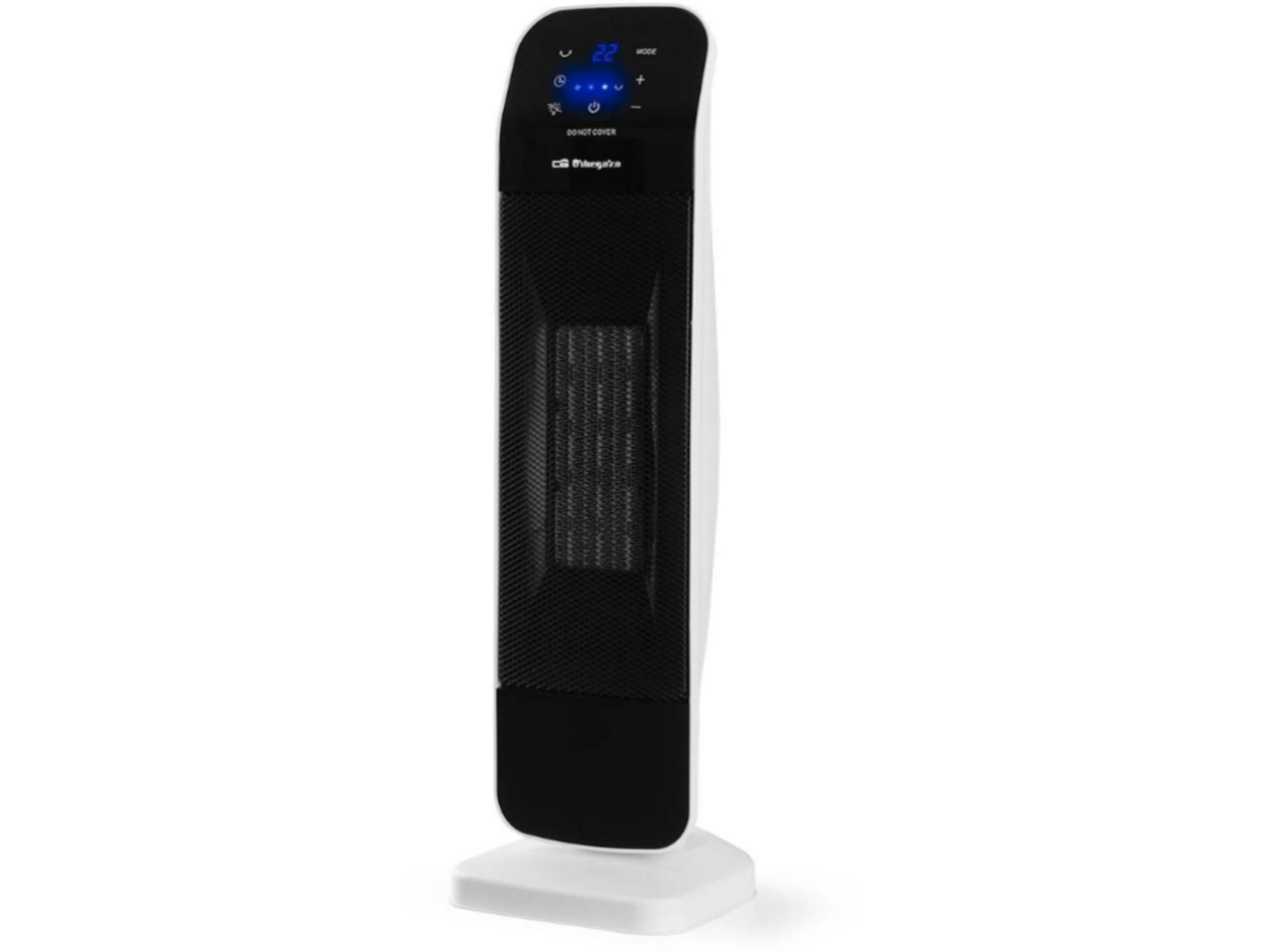 Un'elegante stufa a torre bianca con griglia nera e display digitale.