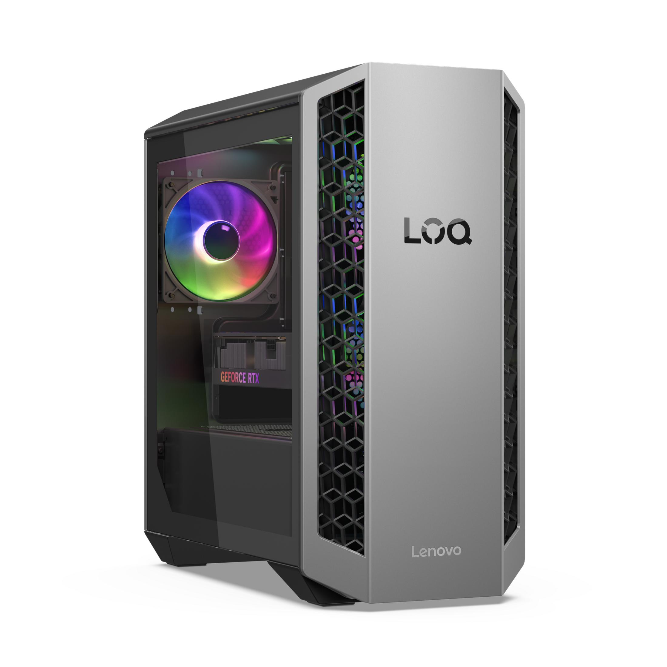 Ein silberner Gaming-PC mit RGB-Lüfter, sichtbaren Komponenten und LQQ-Logo.