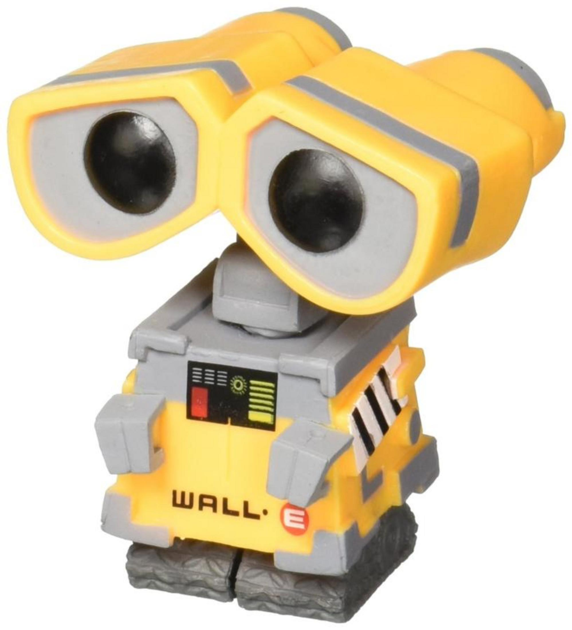 Gelber Roboter mit gro ßen Augen, grauem Körper und Ketten.