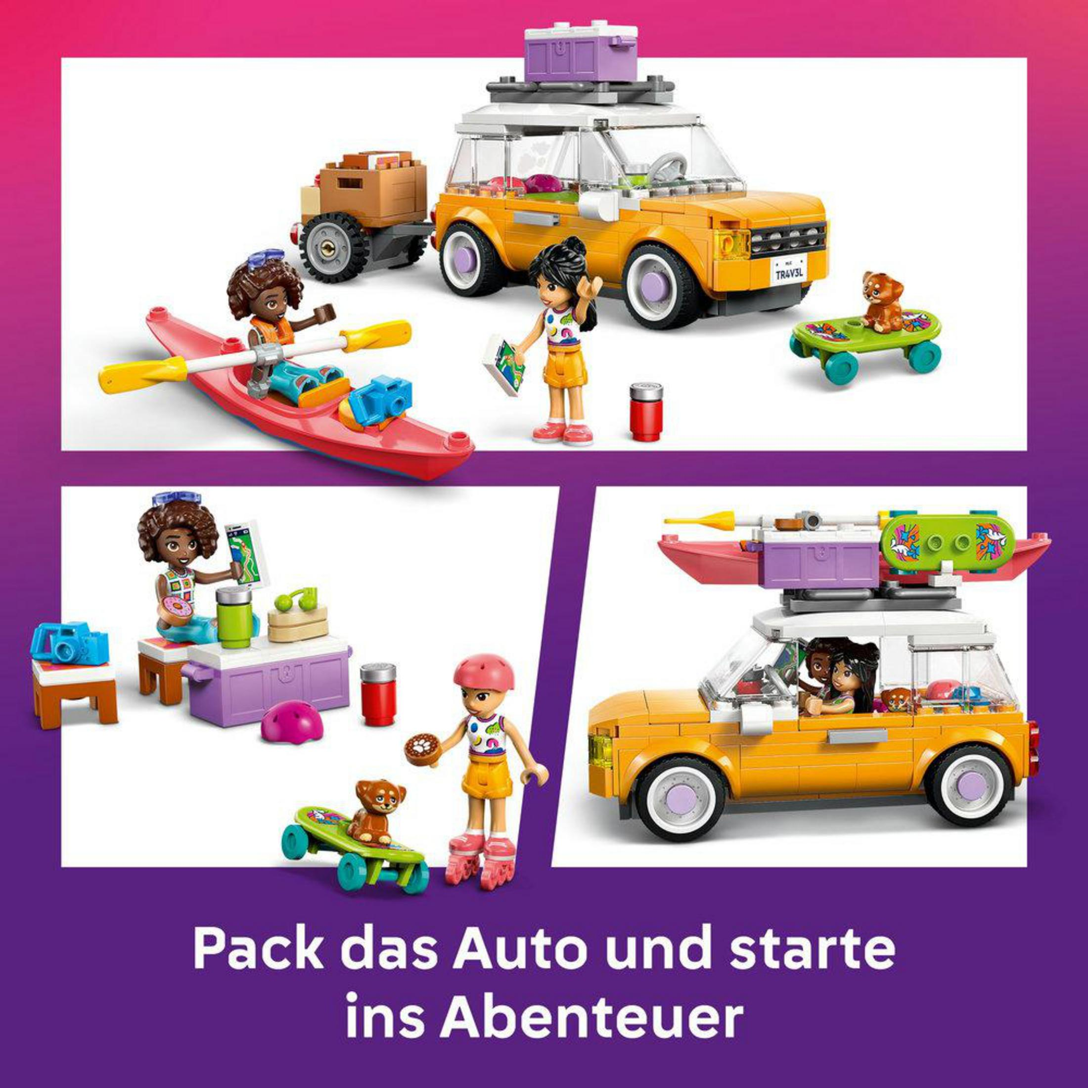 Escena de camping de LEGO Friends: coche amarillo, remolque, kayak, figuras, perro en patineta.