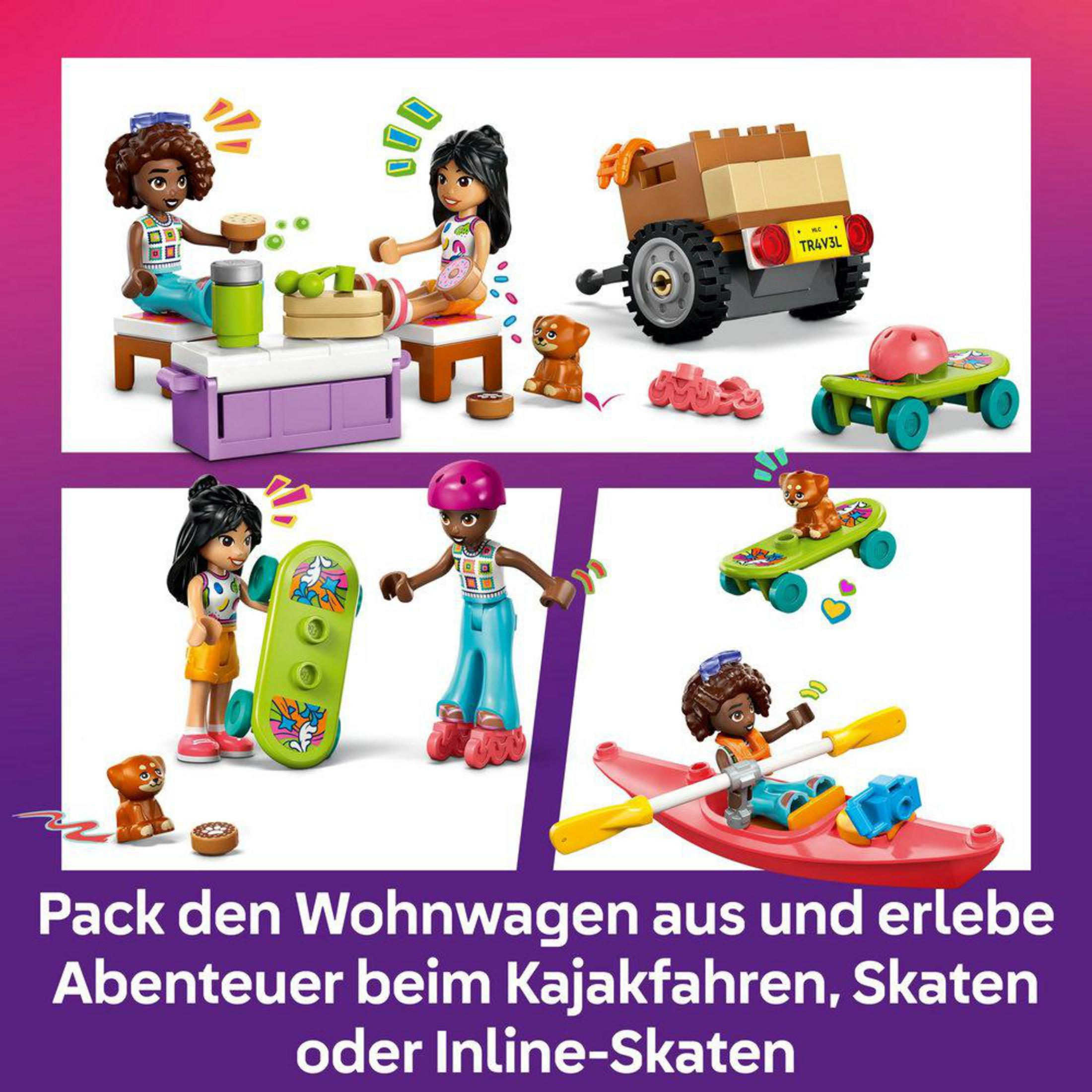 Figuras Lego Friends con caravana, monopatín, patines y kayak.