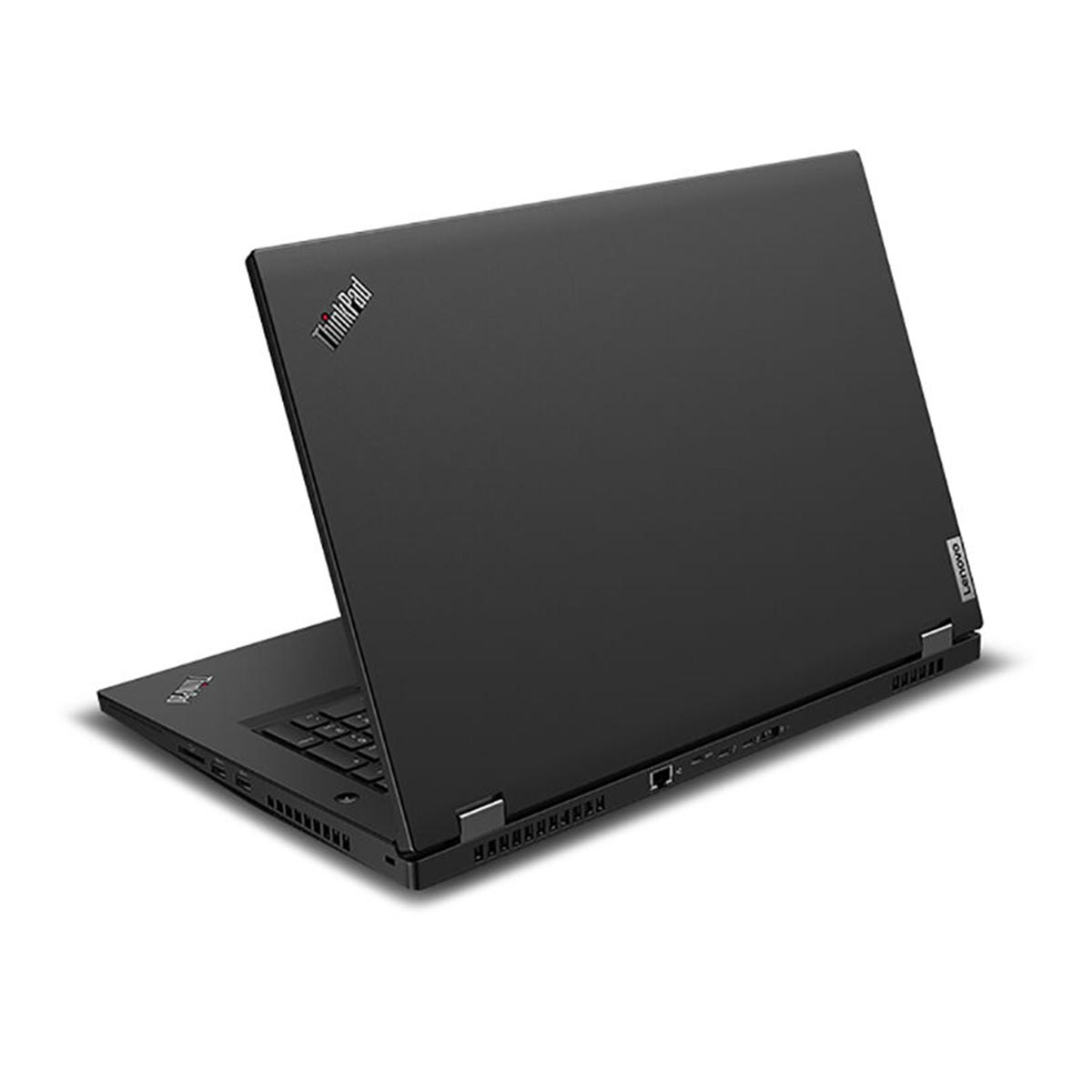 Ein schwarzer Lenovo ThinkPad Laptop ist geöffnet und steht auf einer weißen Fläche.