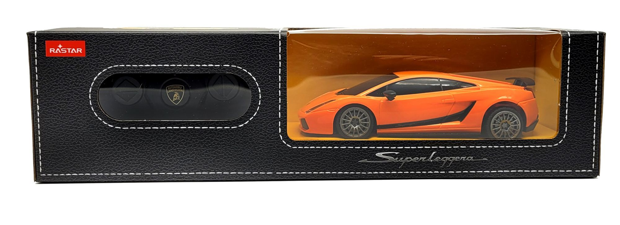 Pomarańczowy samochodzik Lamborghini w czarnym pudełku z logo Rastar.