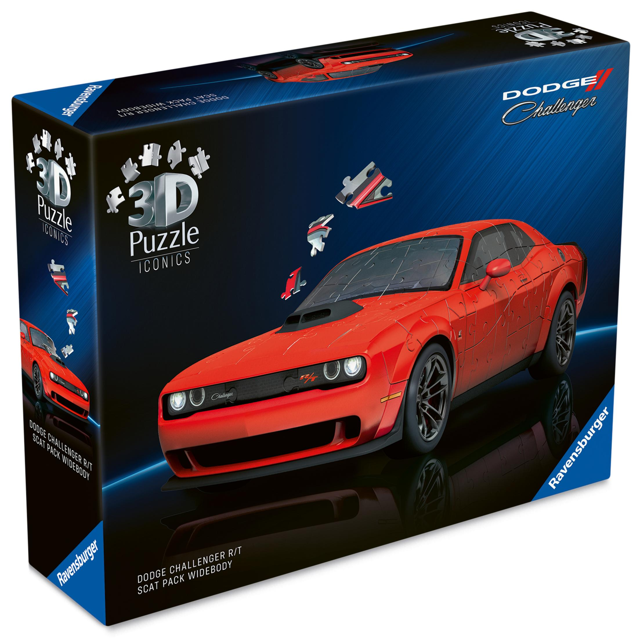 Verpackung eines roten 3D-Puzzles Dodge Challenger mit Puzzleteilen.