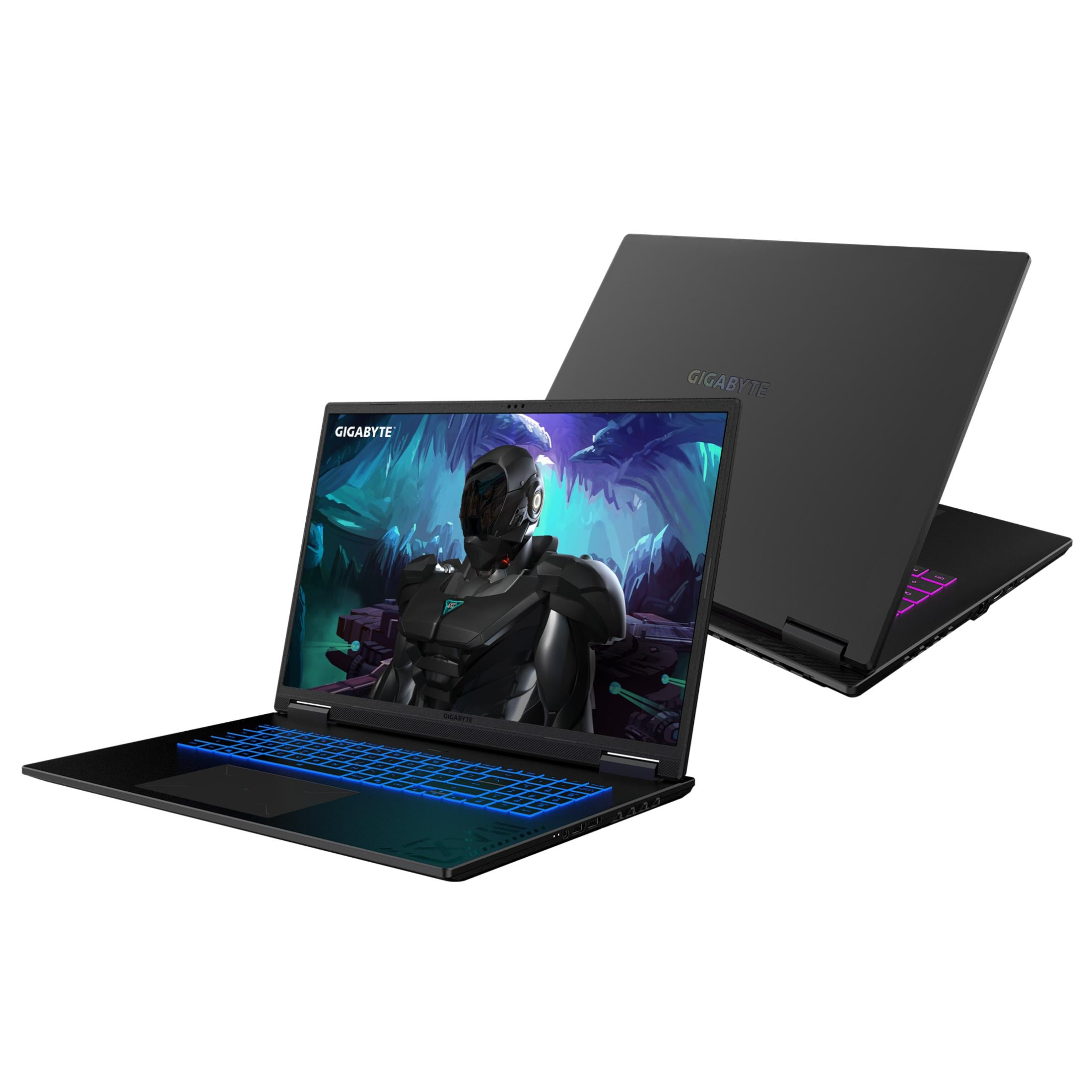 Schwarzer Laptop mit blau beleuchteter Tastatur und Spiel auf dem Bildschirm.