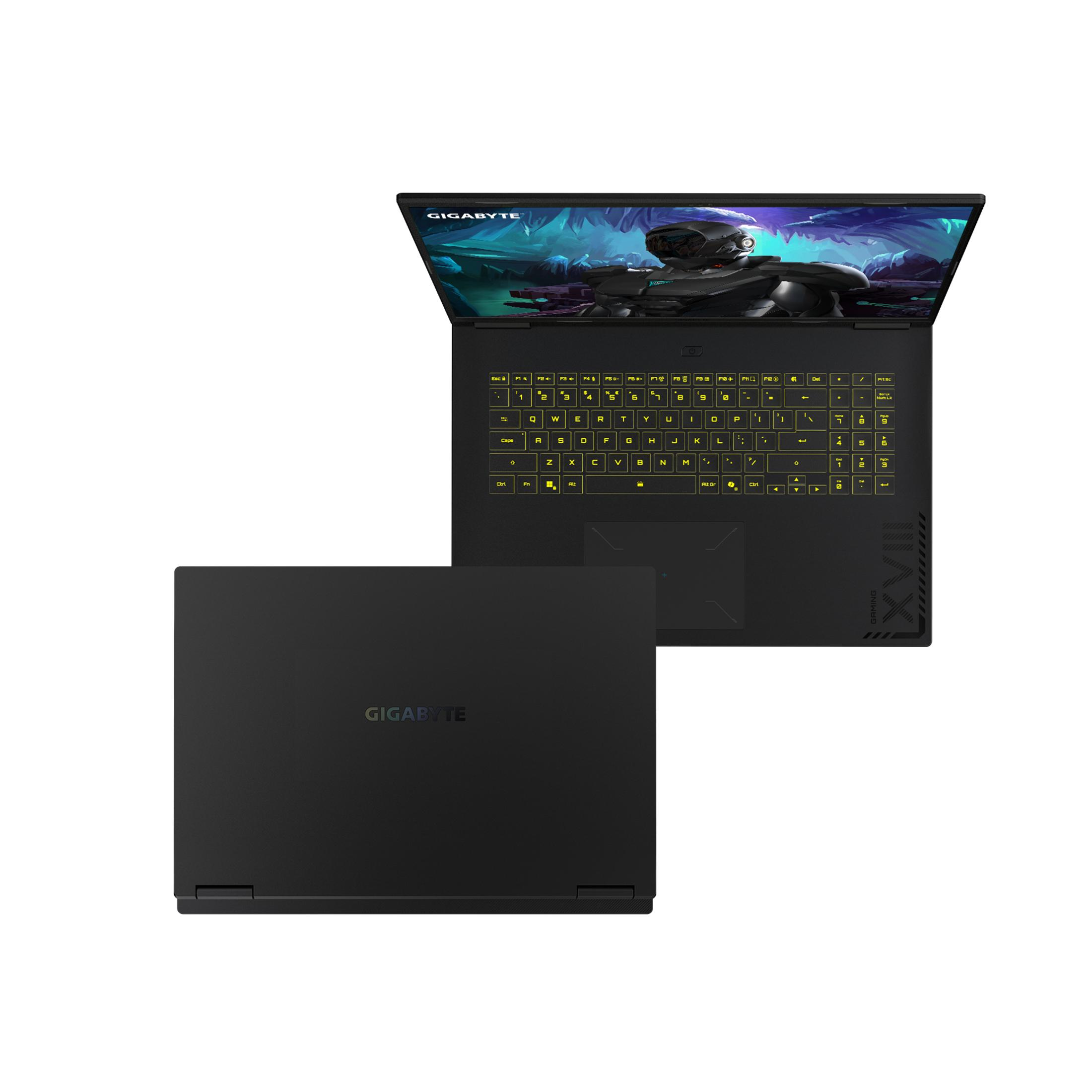 Schwarzer Laptop mit beleuchteter Tastatur und Gaming-Hintergrundbild.