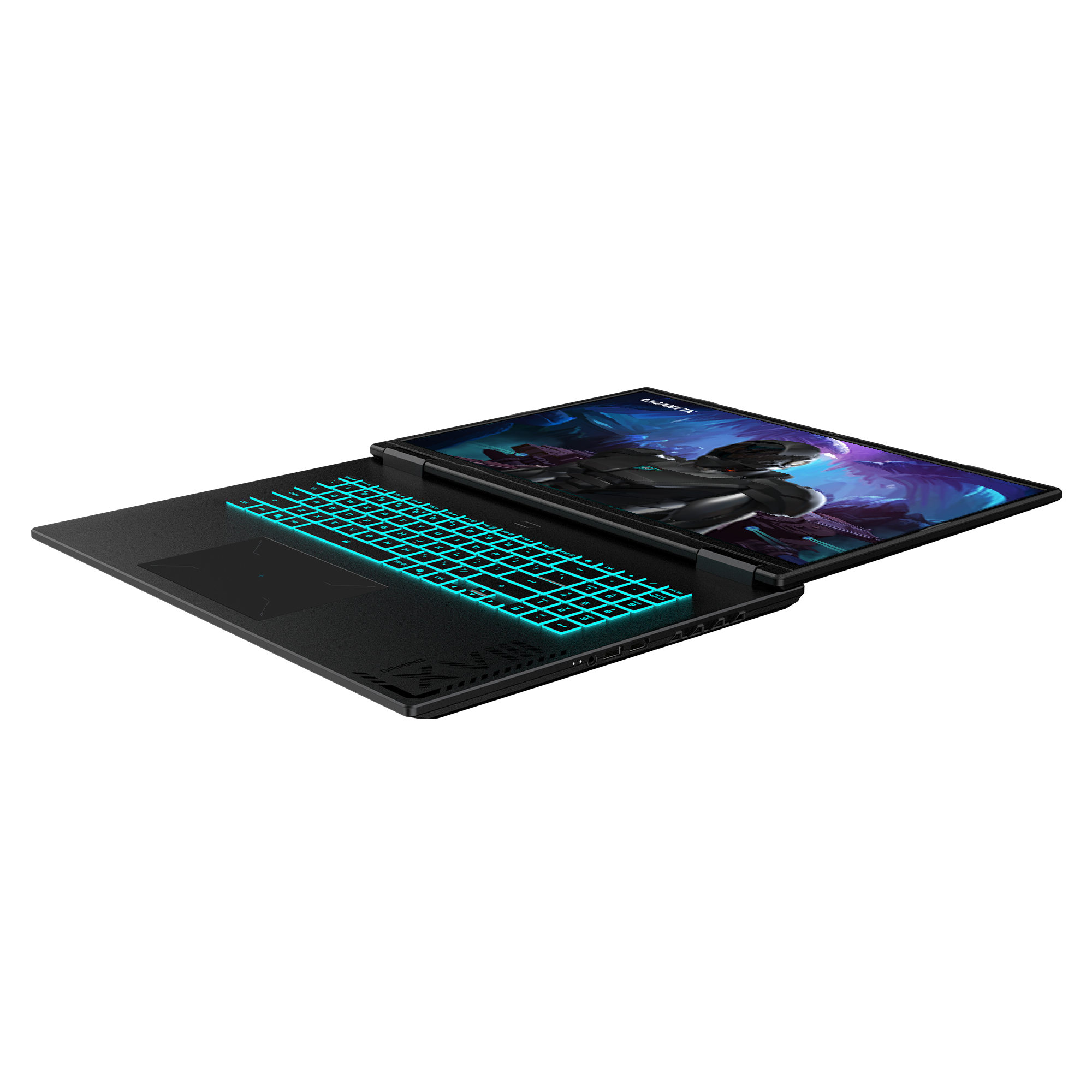 Ein schwarzer Laptop mit leuchtend blauer Tastatur und einem Sci-Fi-Bildschirm.