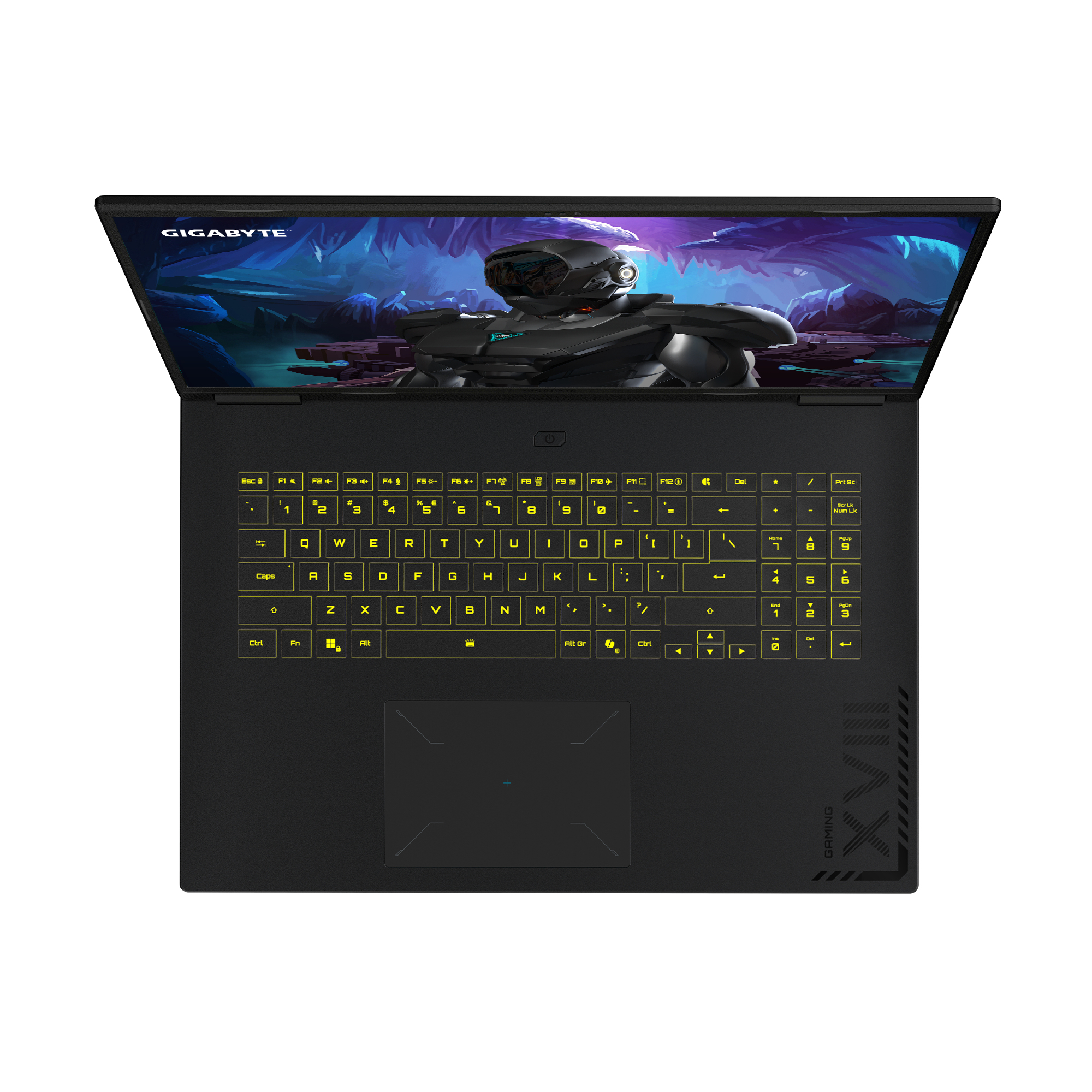 Ein offener schwarzer Gigabyte Gaming-Laptop, der einen futuristischen Roboter auf dem Bildschirm zeigt.