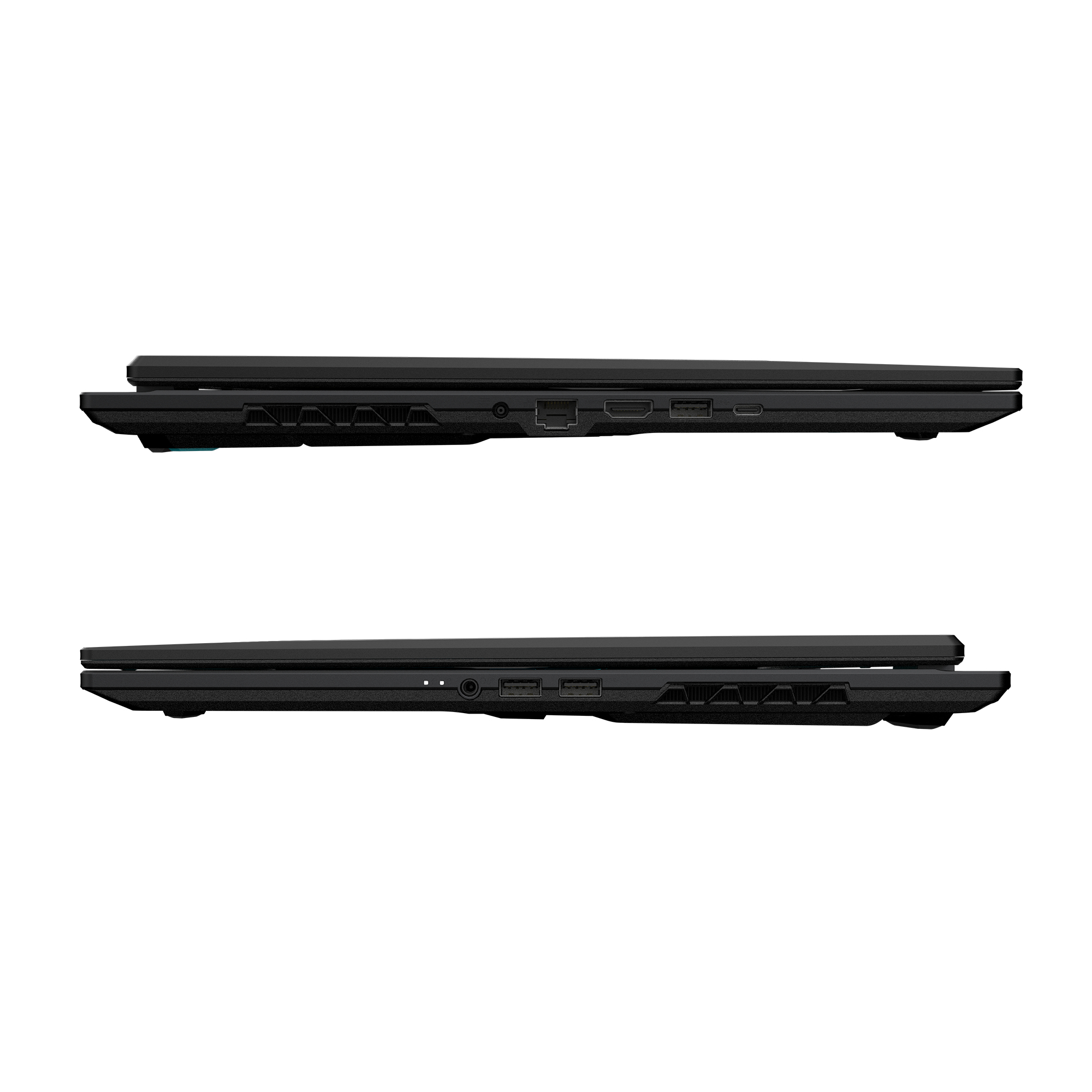 Oben und unten schwarze Laptops, Seitenansicht mit Anschlüssen.