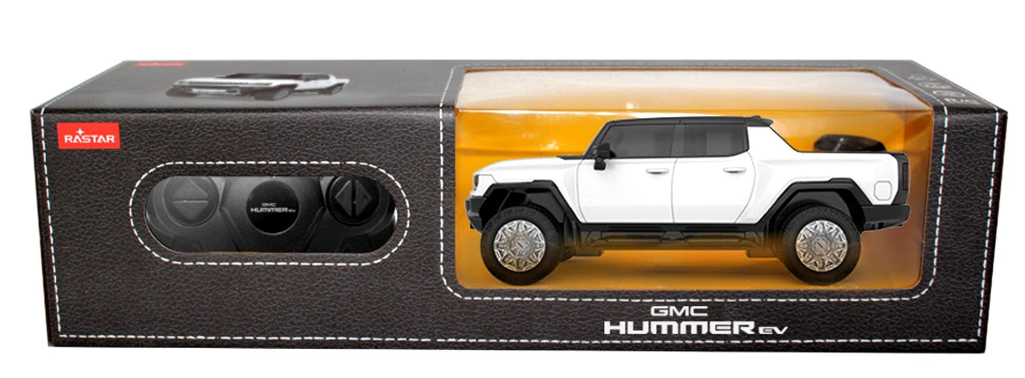 Pudełko z białym, zdalnie sterowanym samochodem-zabawką GMC Hummer EV i kontrolerem. Czarna, teksturowana skrzynka.