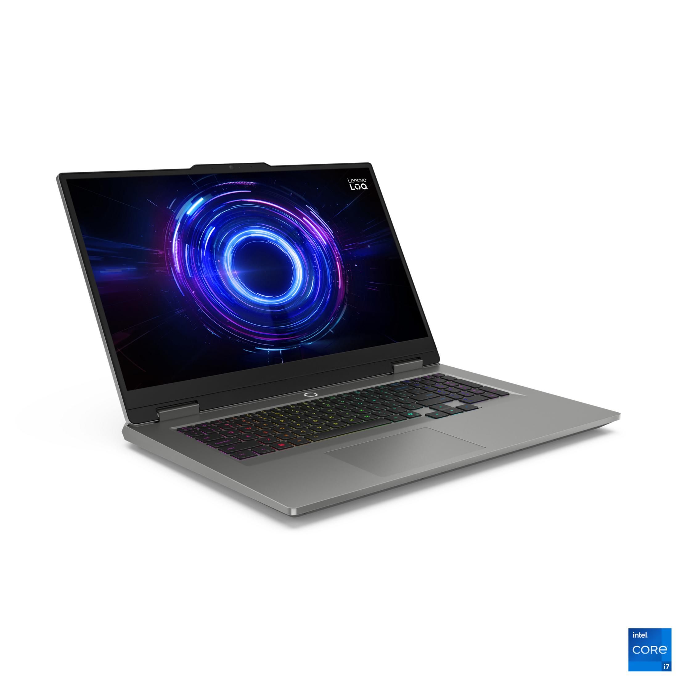Grauer Laptop mit beleuchteter Tastatur und abstraktem Muster auf dem Bildschirm.