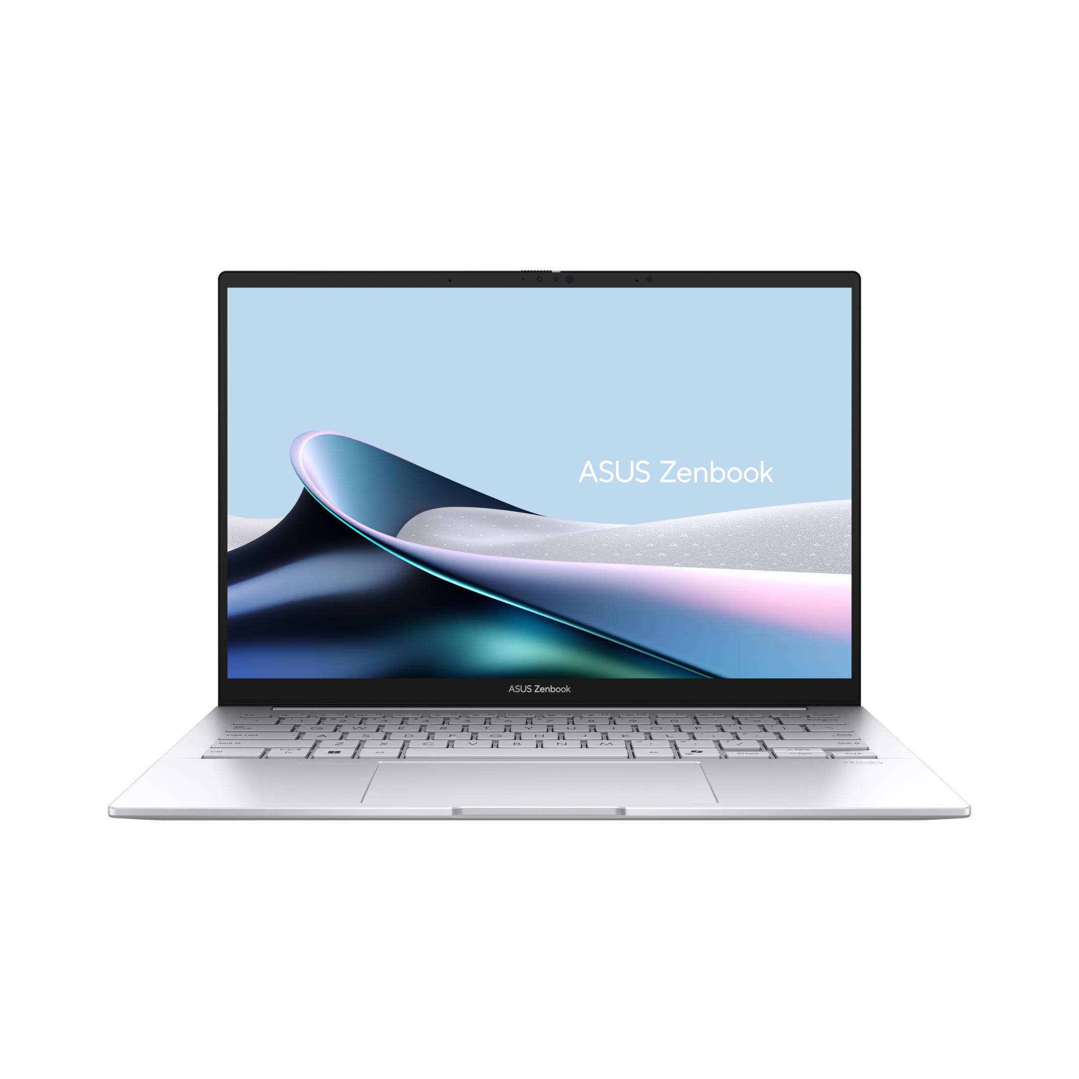 Un ordinateur portable Asus Zenbook argenté ouvert avec un fond d'écran abstrait.