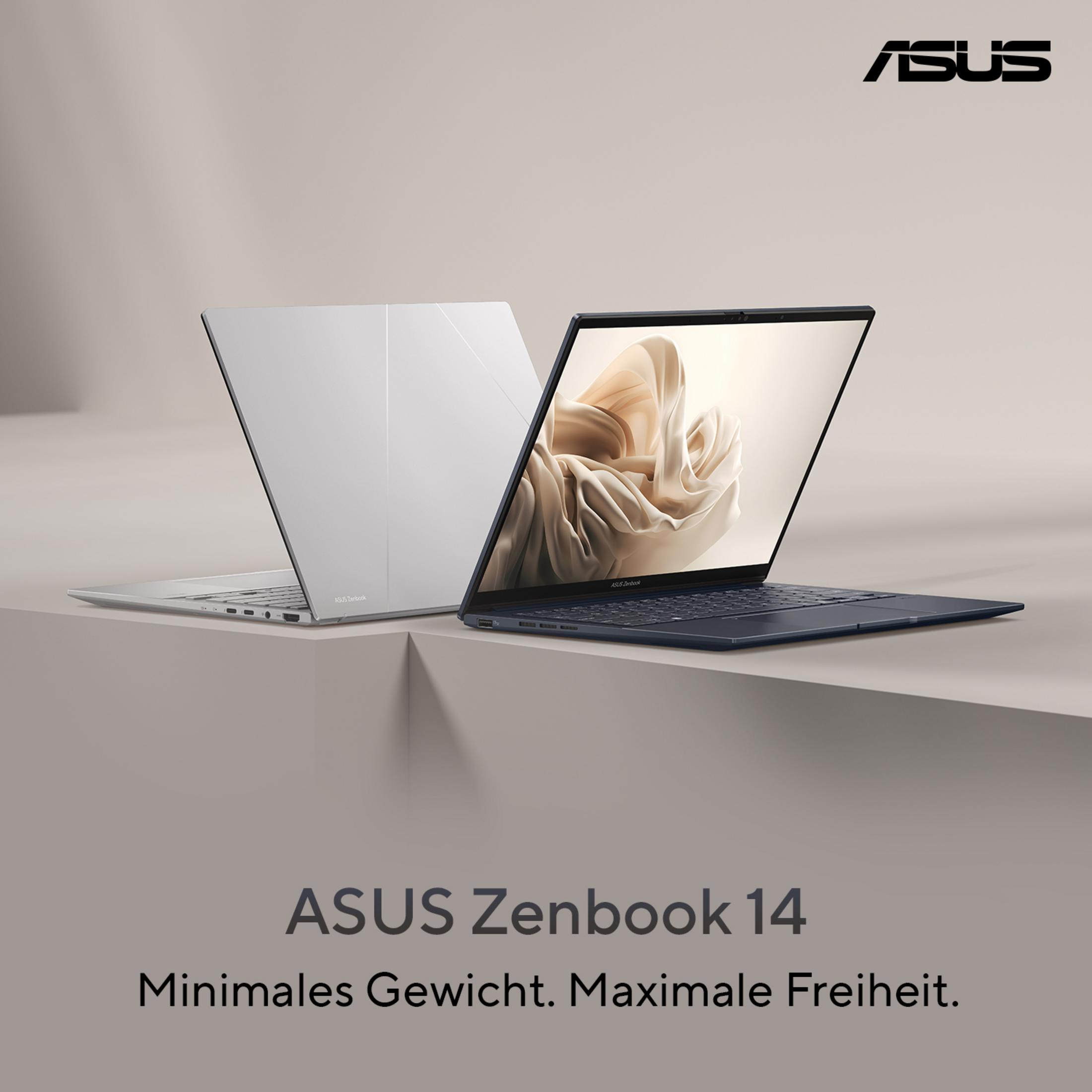 Deux ordinateurs portables ASUS Zenbook 14, un argenté et un bleu foncé, sur une table.