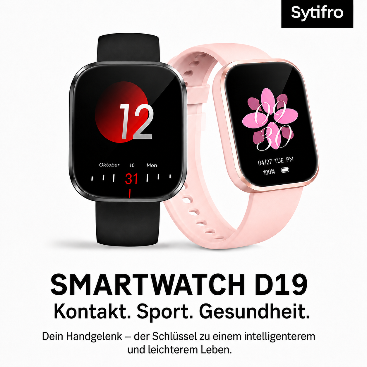 Zwei Smartwatches, eine schwarze und eine rosafarbene, mit digitalen Displays.