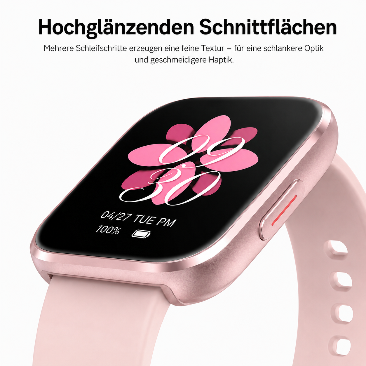 Eine rosafarbene Smartwatch mit einem floralen Zifferblatt und Datumsanzeige.