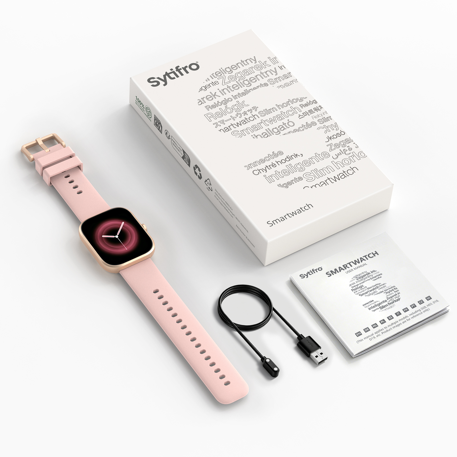 Ein rosafarbene Smartwatch mit Ladekabel und Verpackung. Goldene Details.