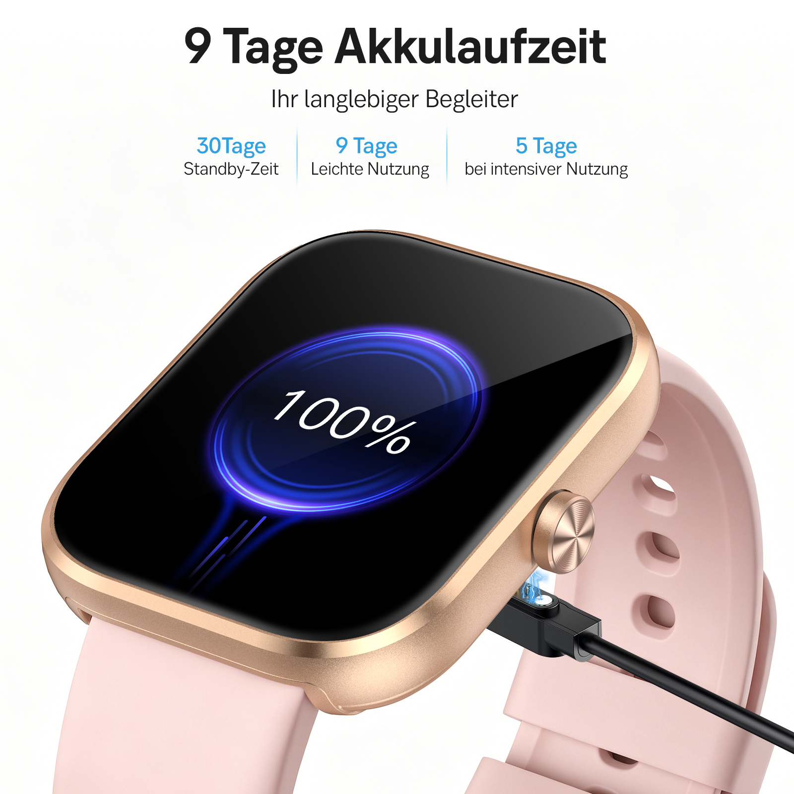 Eine rosafarbene Smartwatch wird geladen, der Bildschirm zeigt 100% Akku.