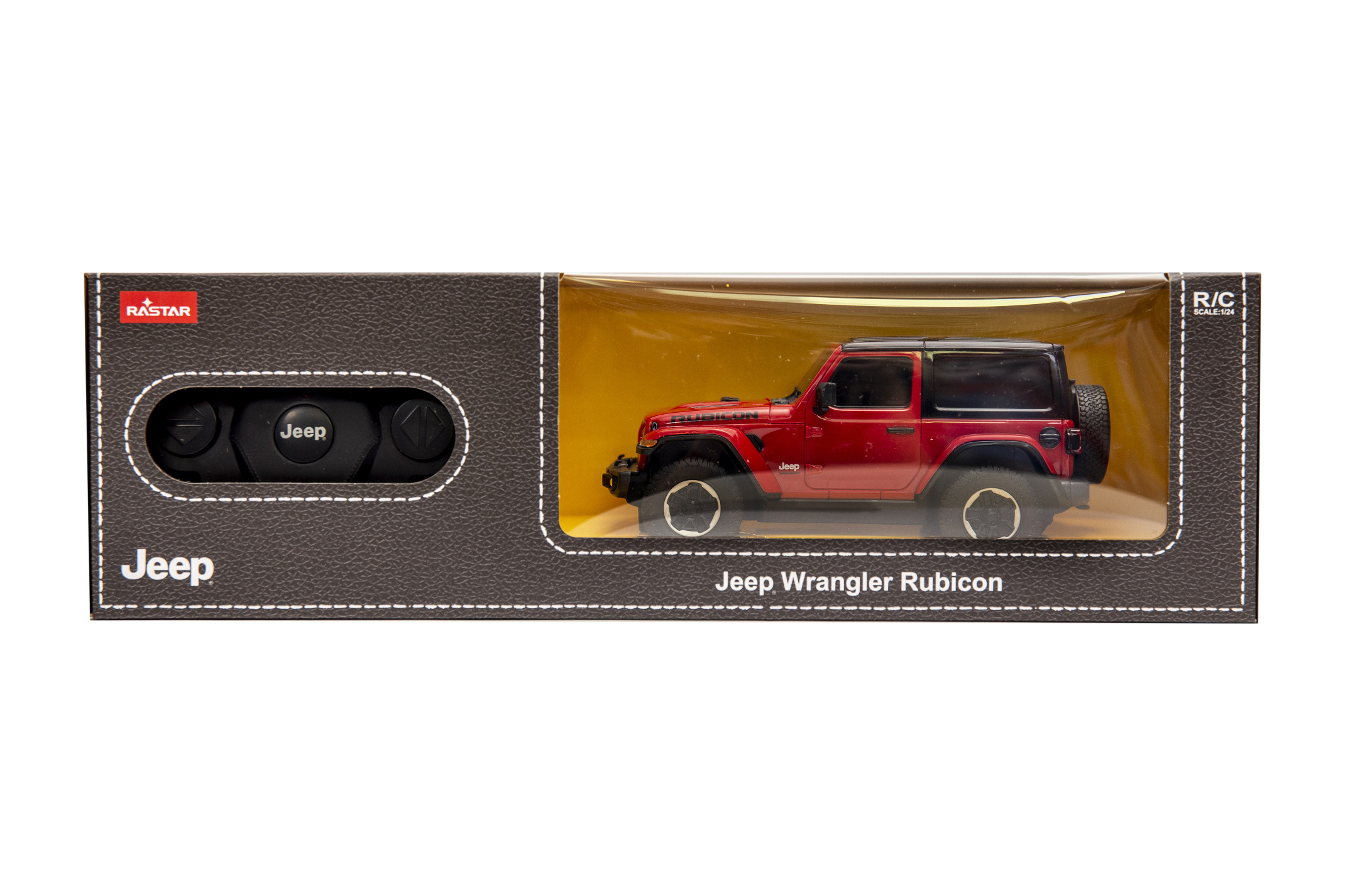 Czerwony samochódzik Jeep Wrangler Rubicon RC w pudełku z pilotem.