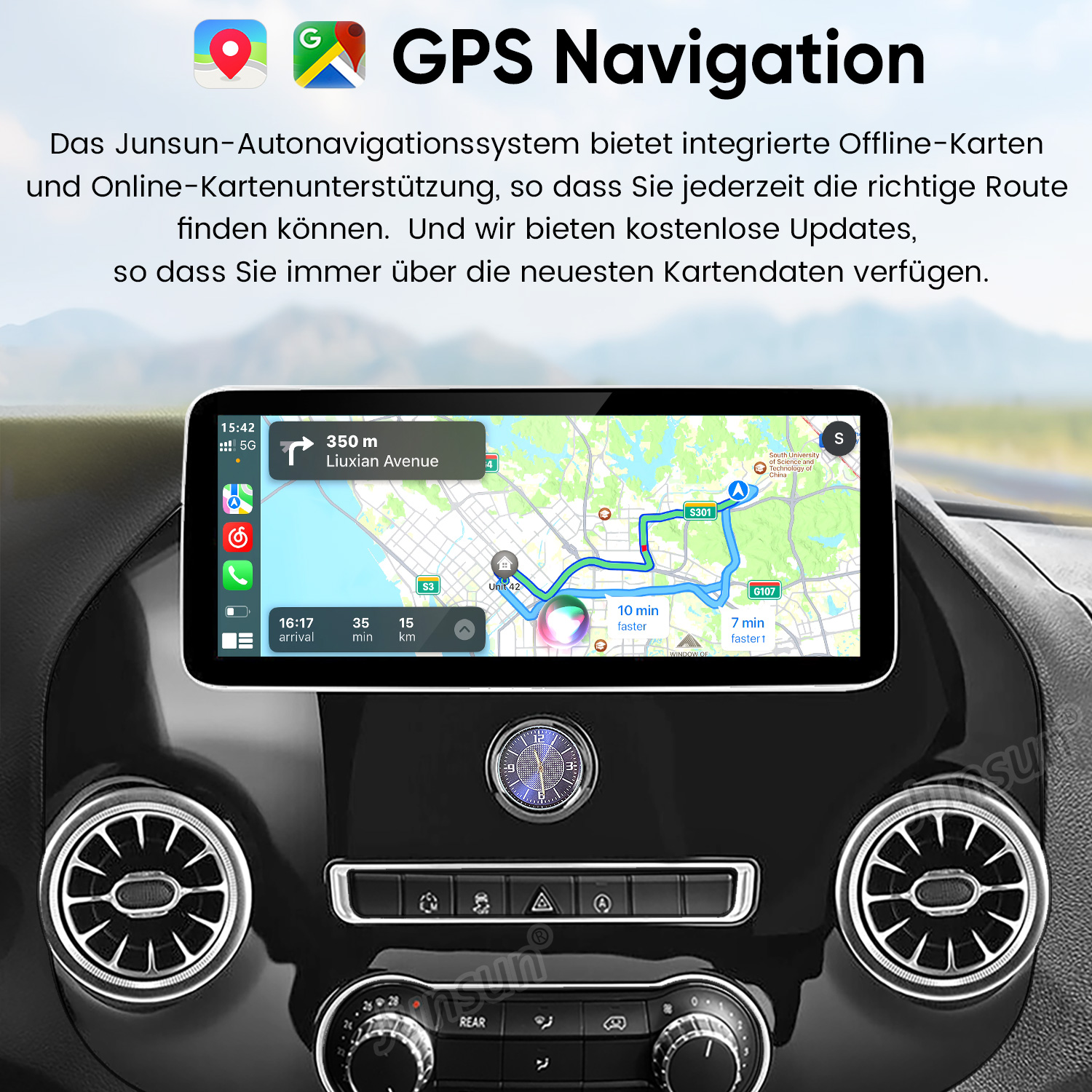 Armaturenbrett mit GPS-Navigationsbildschirm, der eine Route zeigt.