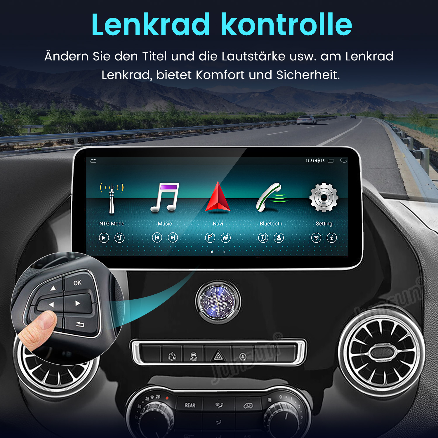 Moderne Autofunktion mit Lenkradsteuerung und Touchscreen-Display.