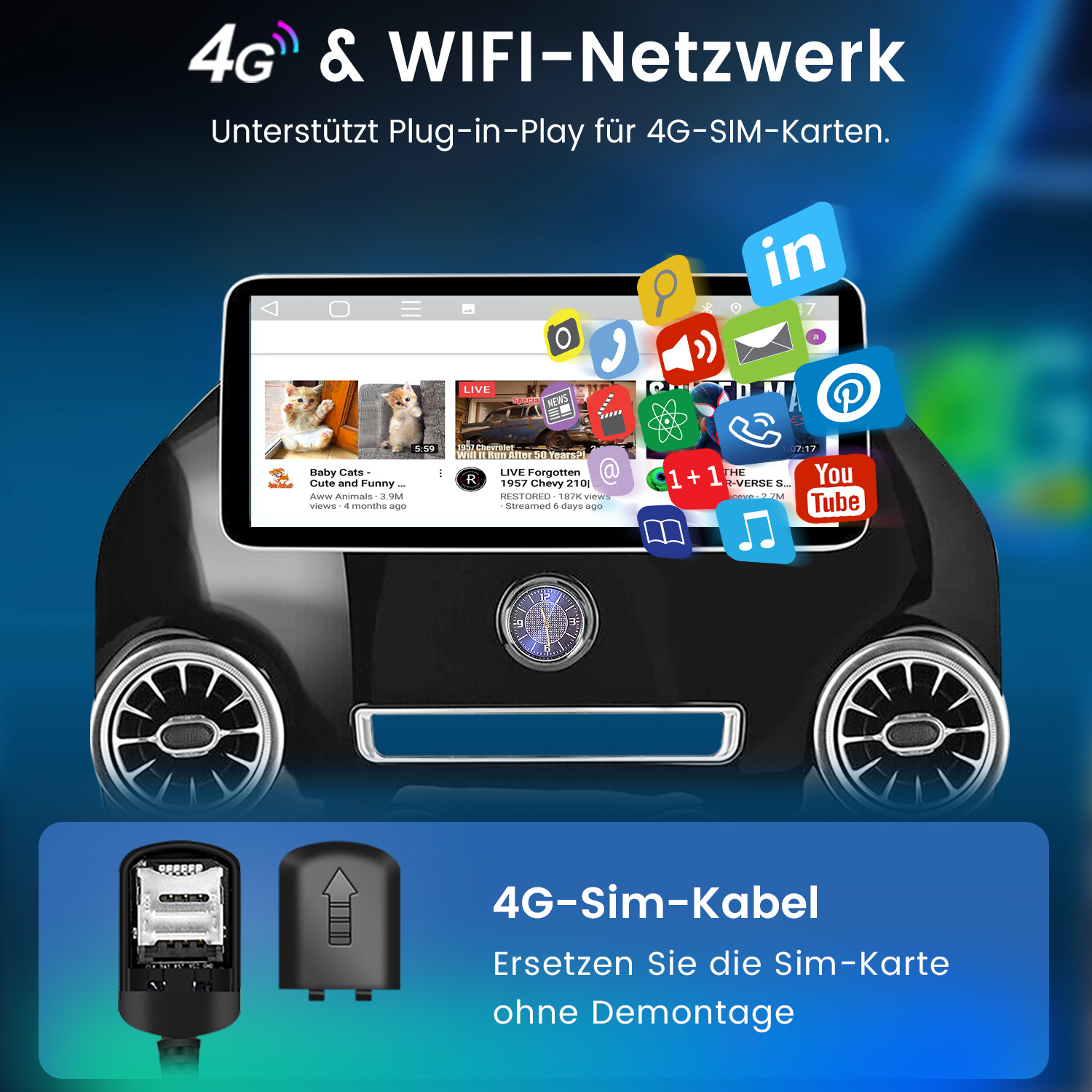 Ein Gerät zeigt Apps auf einem Bildschirm, unten eine 4G-SIM-Karte und ein Kabel.